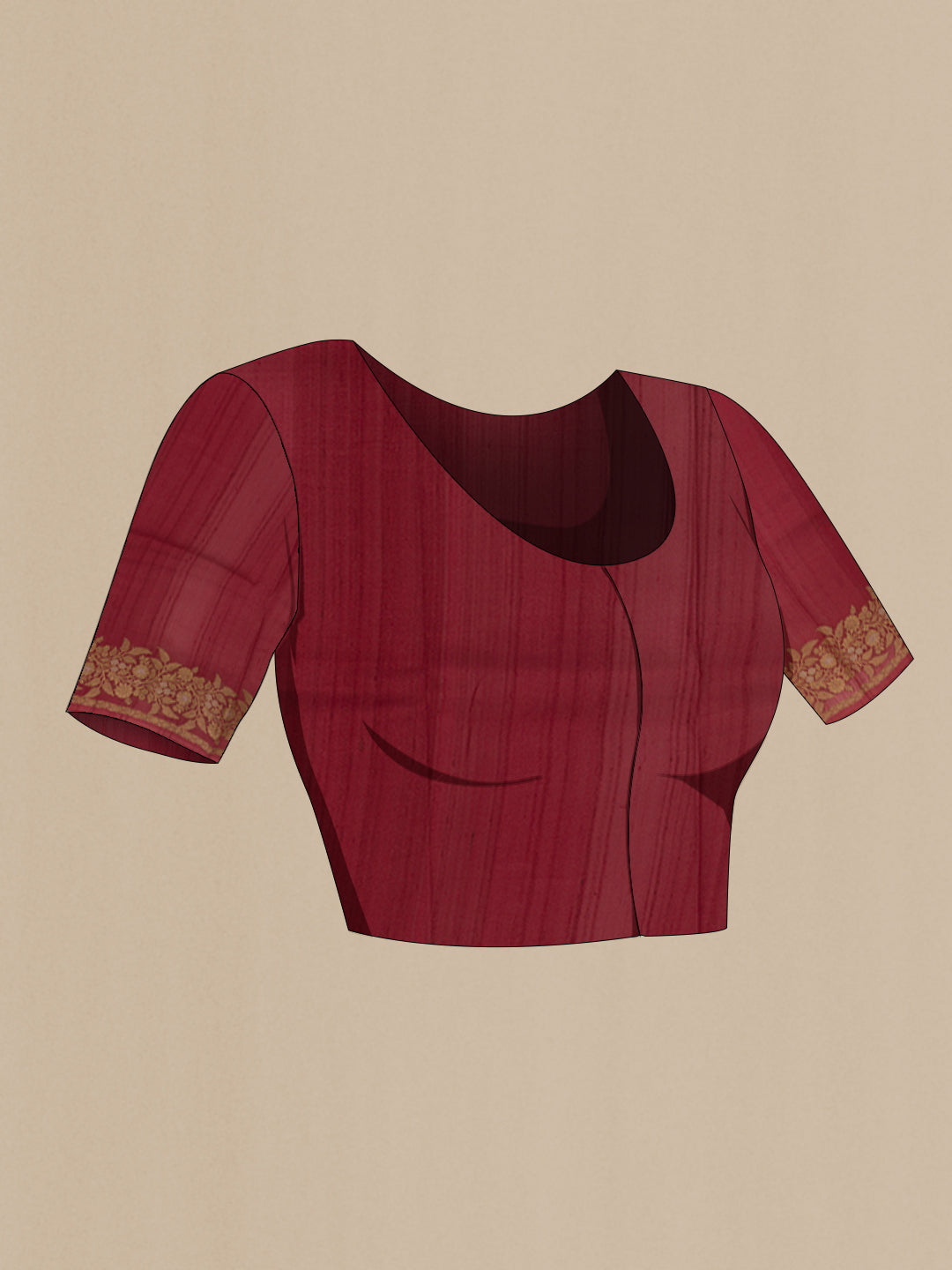 Close up image of the blouse of Maroon Tussar Silk Saree with Printed design on the body and Zari Border. 