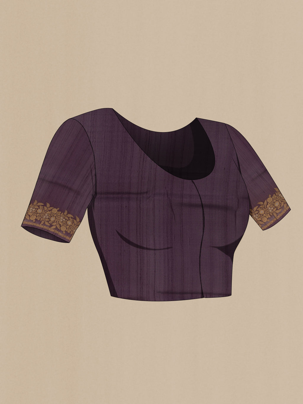 Close up image of the blouse of Purple Tussar Silk Saree with kalamkari Print on the body and Zari Border. 