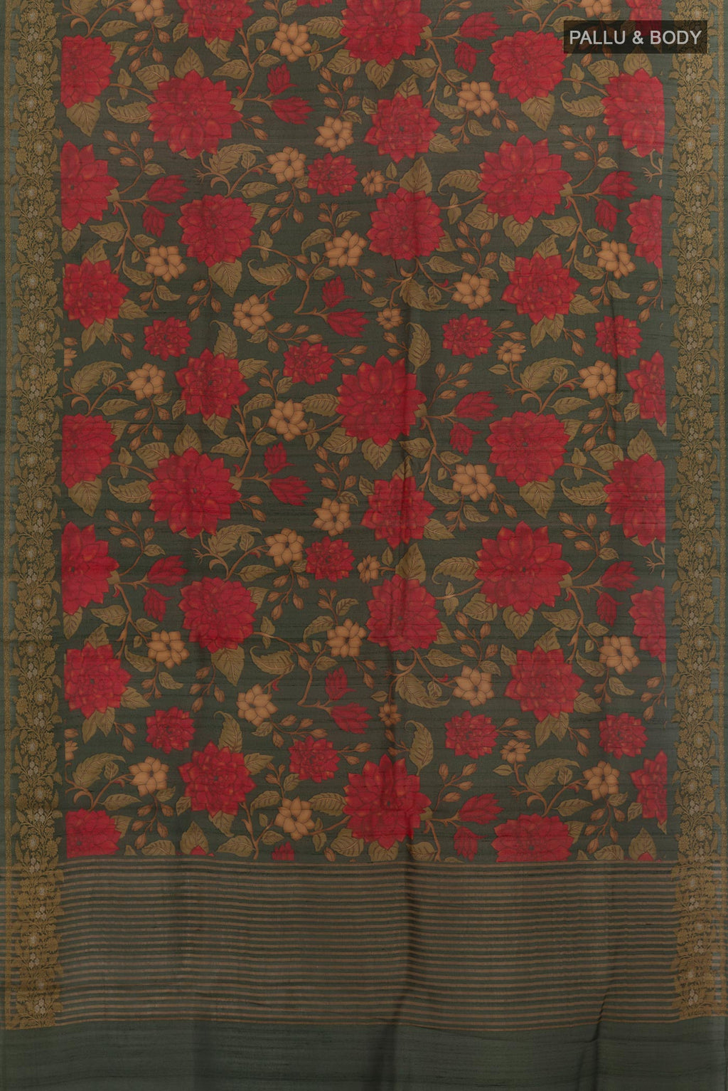 Flat view of Bottle Green Tussar Silk Saree with Floral Print on the body and Zari Border. 