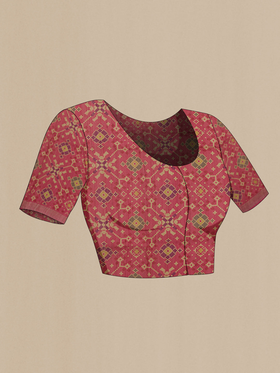 Close up image of the blouse of Mehandi Green Tussar Silk Saree with Printed design on the body and Printed Border. 