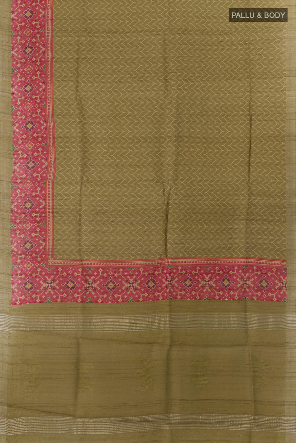 Flat view of Mehandi Green Tussar Silk Saree with Printed design on the body and Printed Border. 