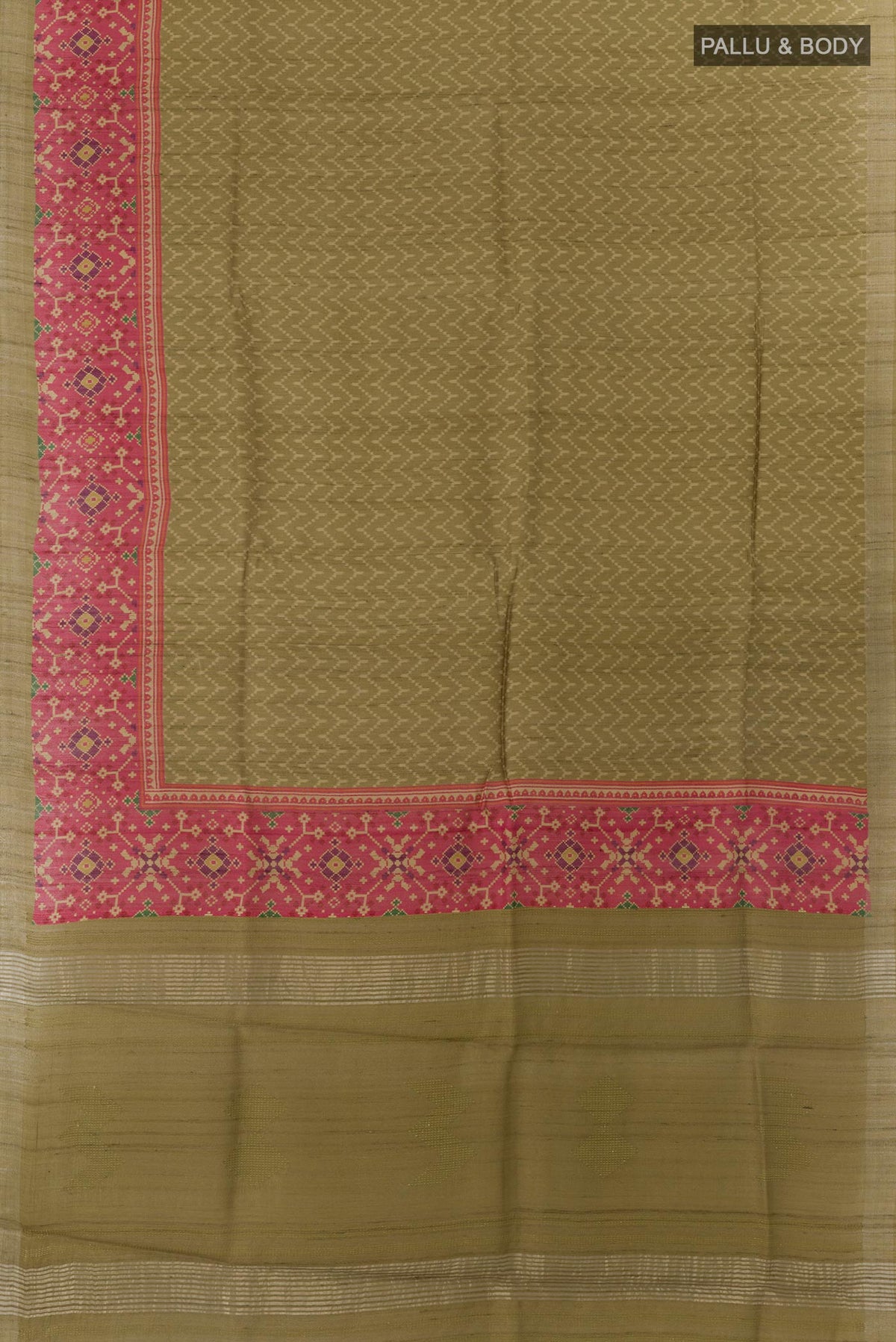 Flat view of Mehandi Green Tussar Silk Saree with Printed design on the body and Printed Border. 