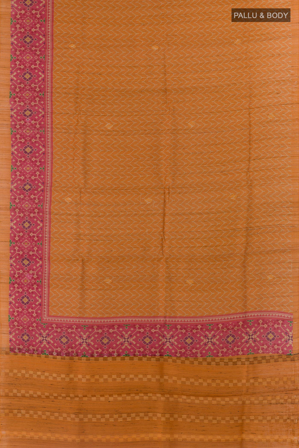 Flat view of Yellow Tussar Silk Saree with Printed design on the body and Printed Border. 