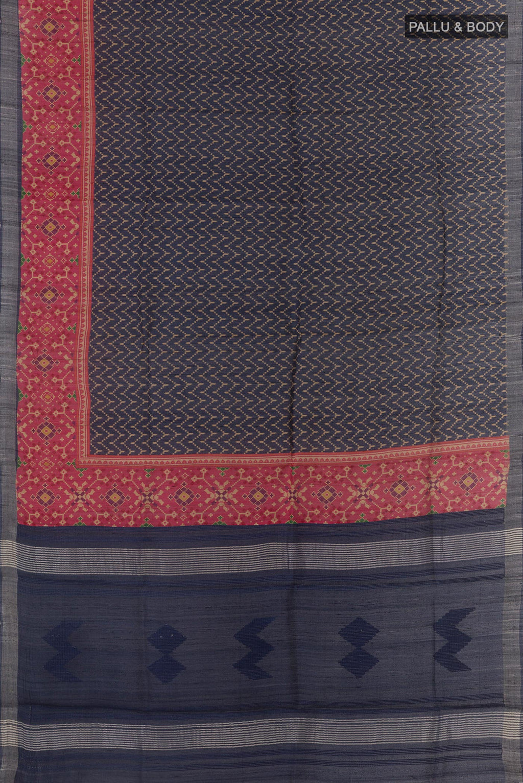 Flat view of Navy Blue Tussar Silk Saree with Printed design on the body and Printed Border. 