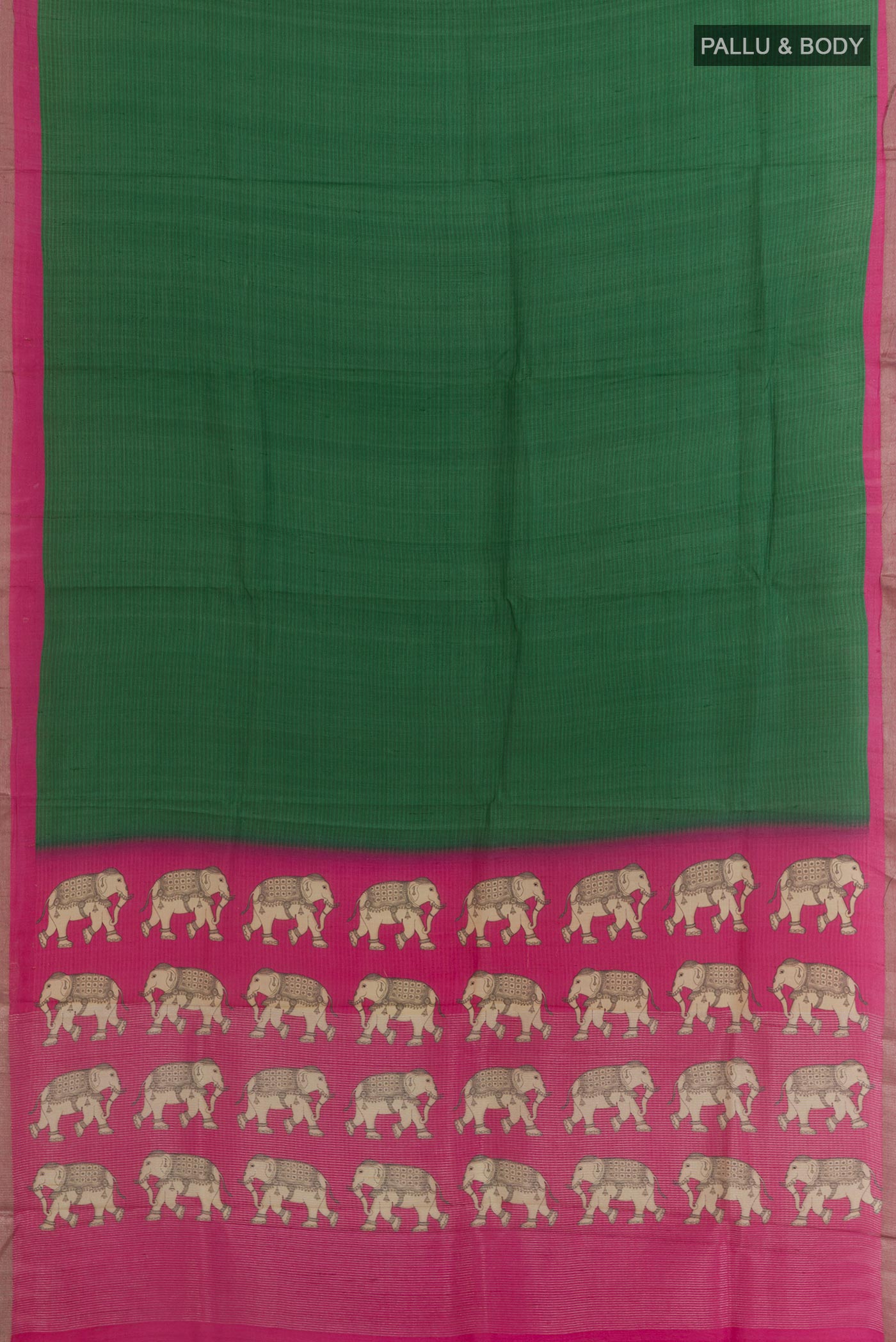 Flat view of Green Tussar Silk Saree with Plain Body and Zari Border. 
