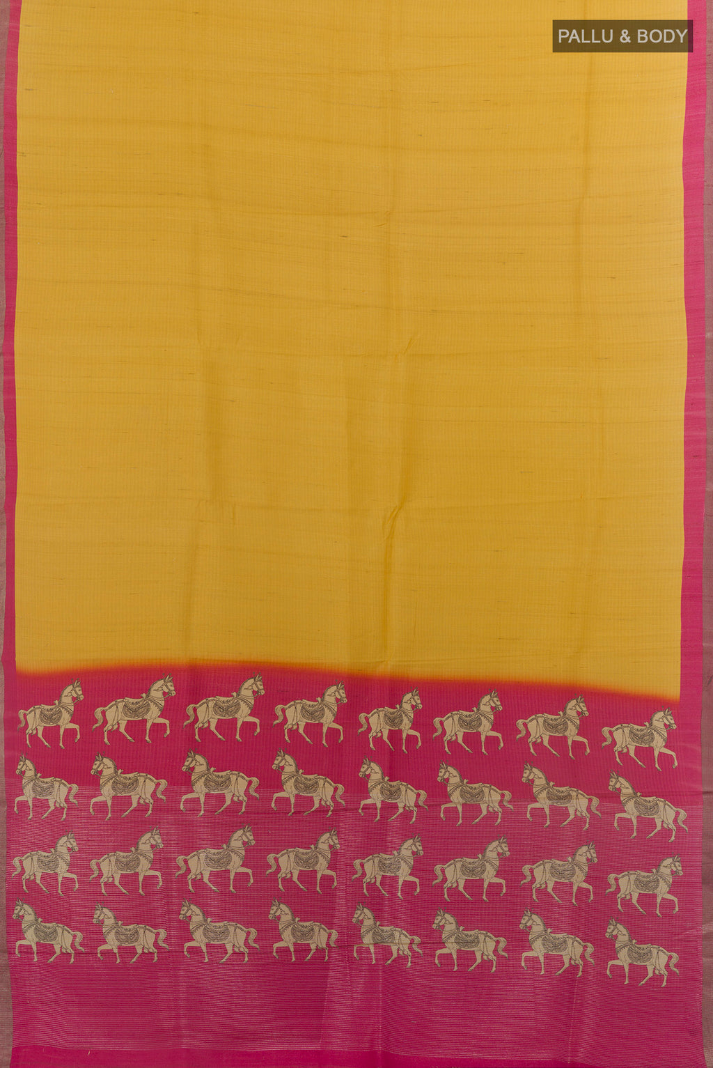 Flat view of Yellow Tussar Saree with Zari Butta on the body and Zari Border. 