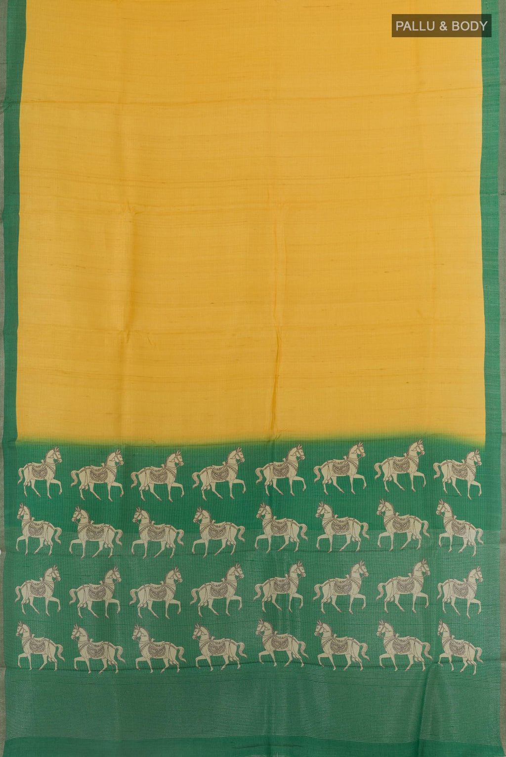 Flat view of Yellow Tussar Saree with Plain Body and Printed Border. 