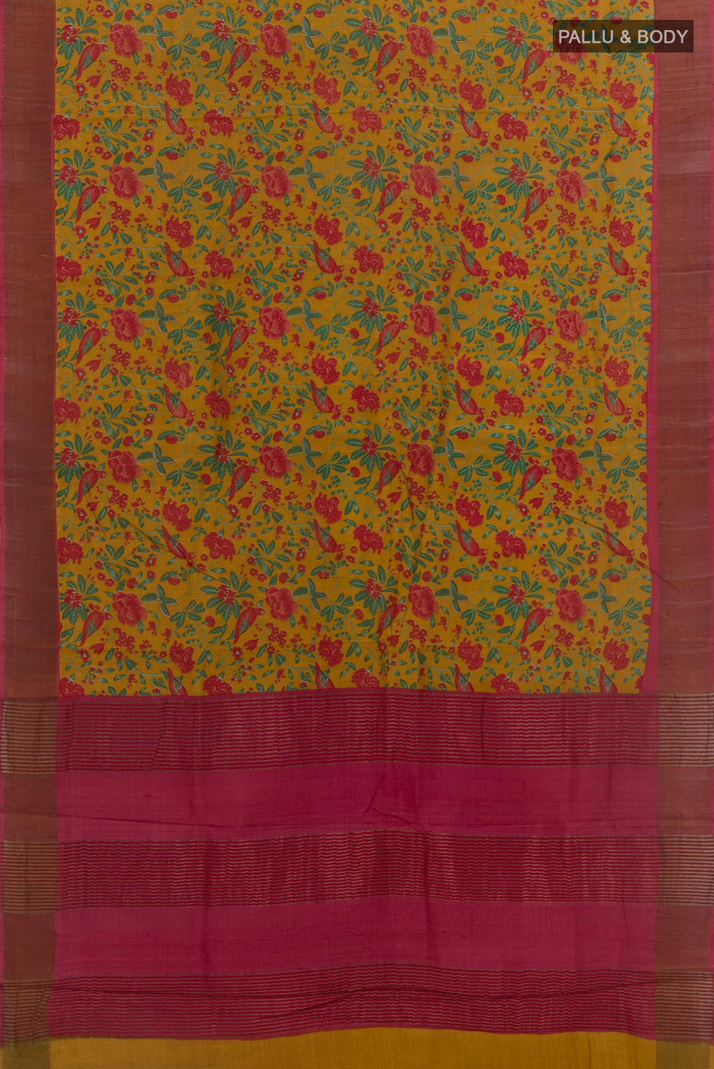 Flat view of Yellow Tussar Silk Saree with Printed design on the body and Zari Border. 