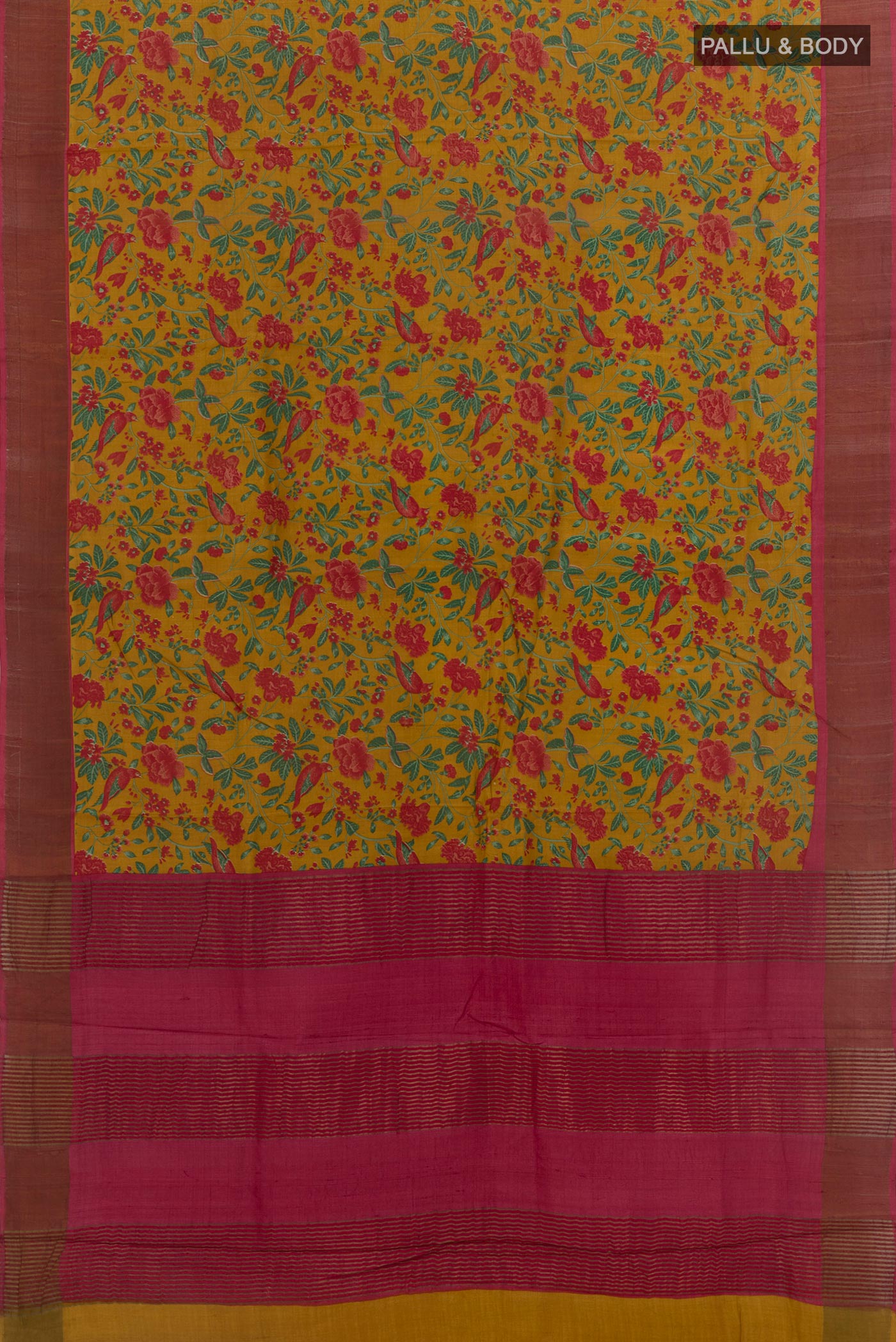 Flat view of Yellow Tussar Silk Saree with Printed design on the body and Zari Border. 