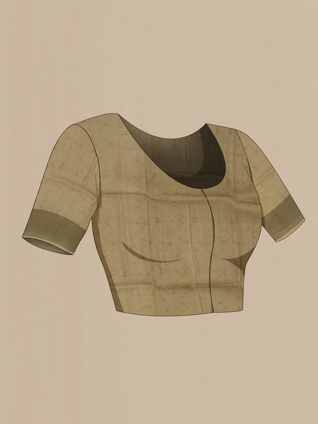 Close up image of the blouse of Beige Tussar Silk Saree with Printed design on the body and Zari Border. 