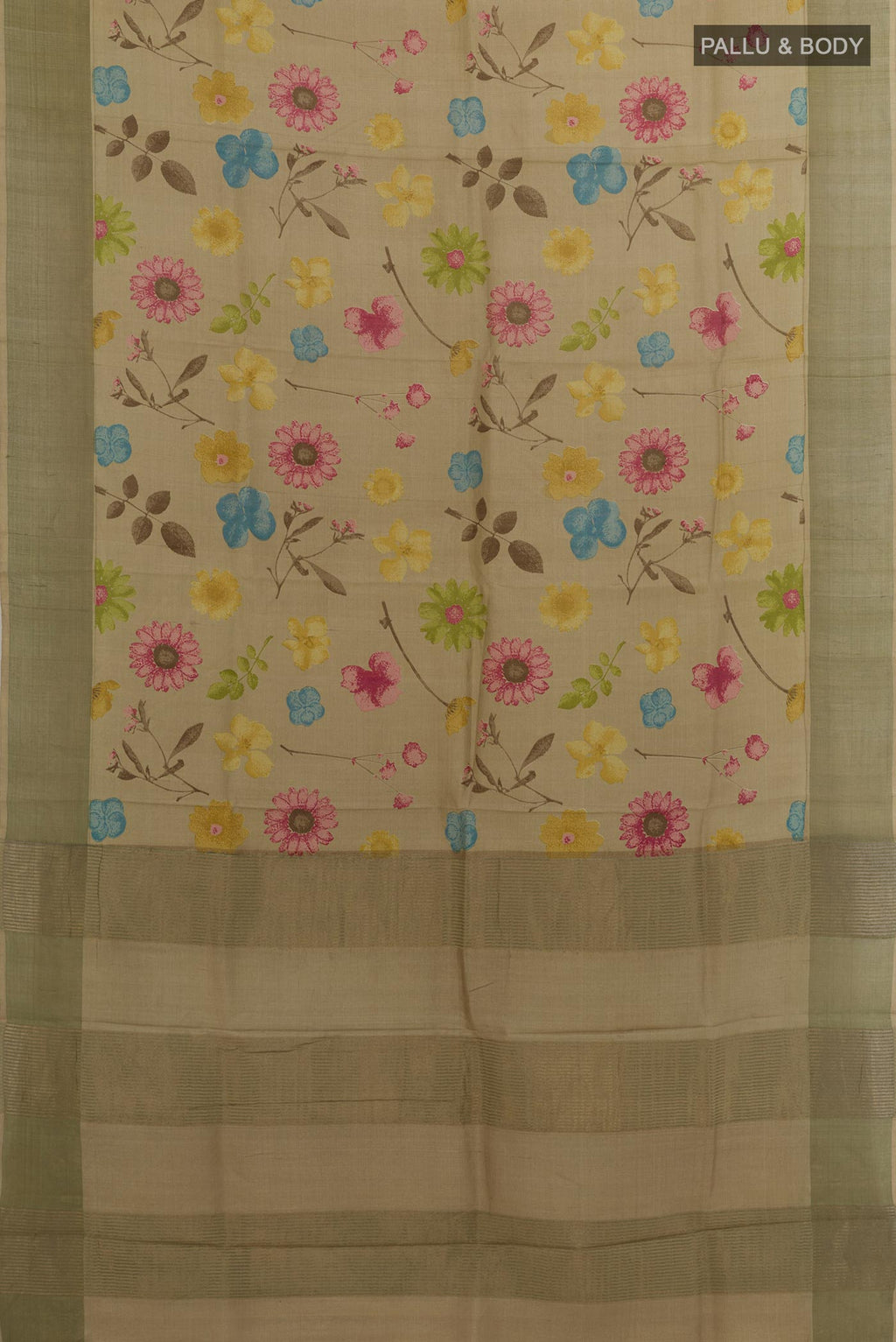 Flat view of Beige Tussar Silk Saree with Printed design on the body and Zari Border. 