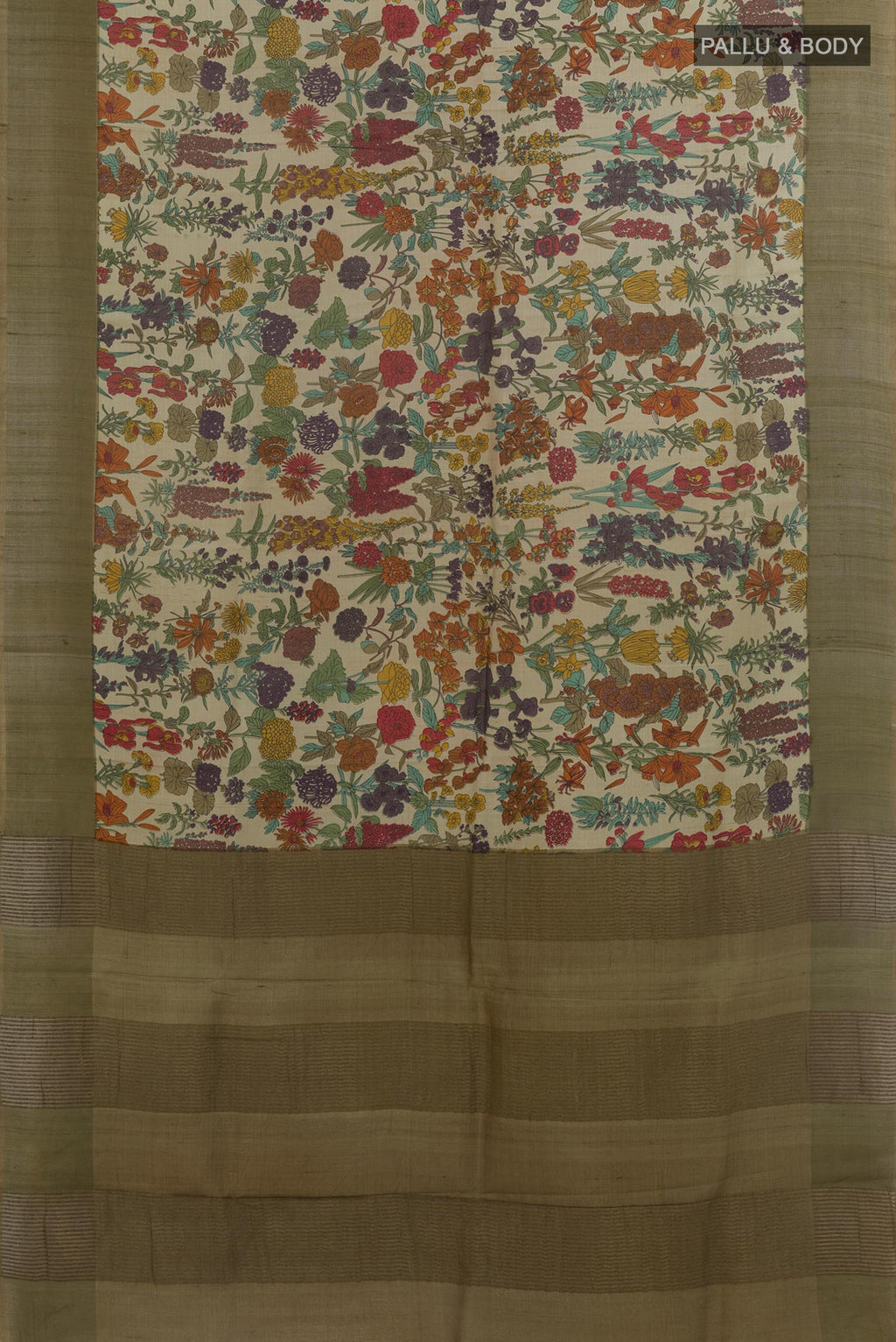 Flat view of Beige Tussar Silk Saree with Printed design on the body and Zari Border. 