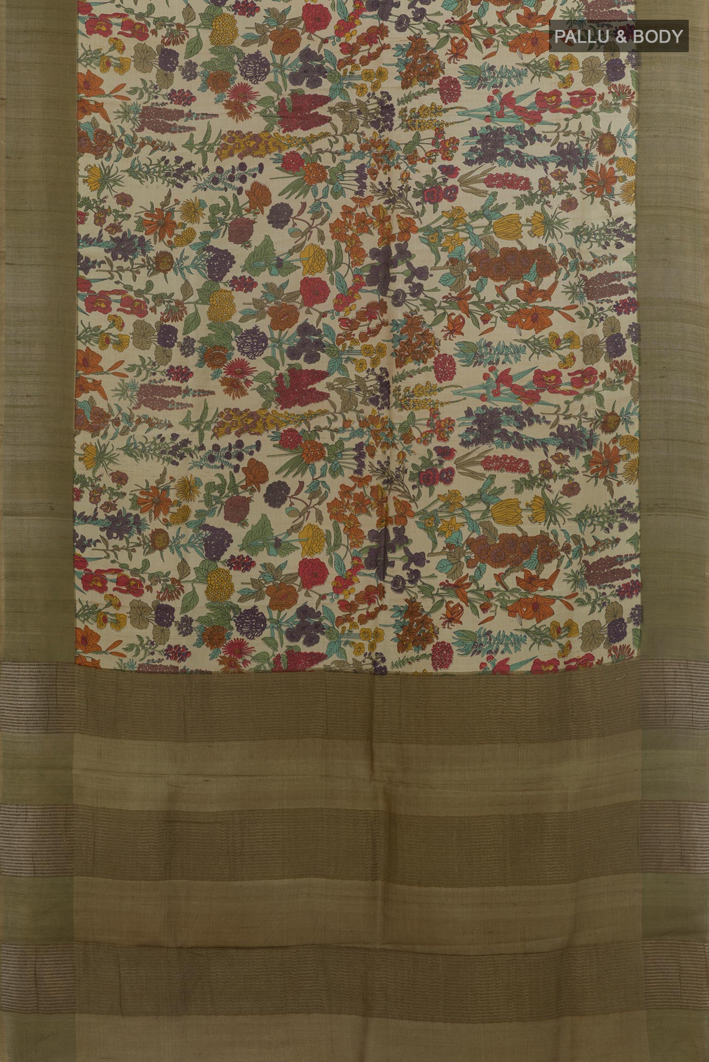 Flat view of Beige Tussar Silk Saree with Printed design on the body and Zari Border. 
