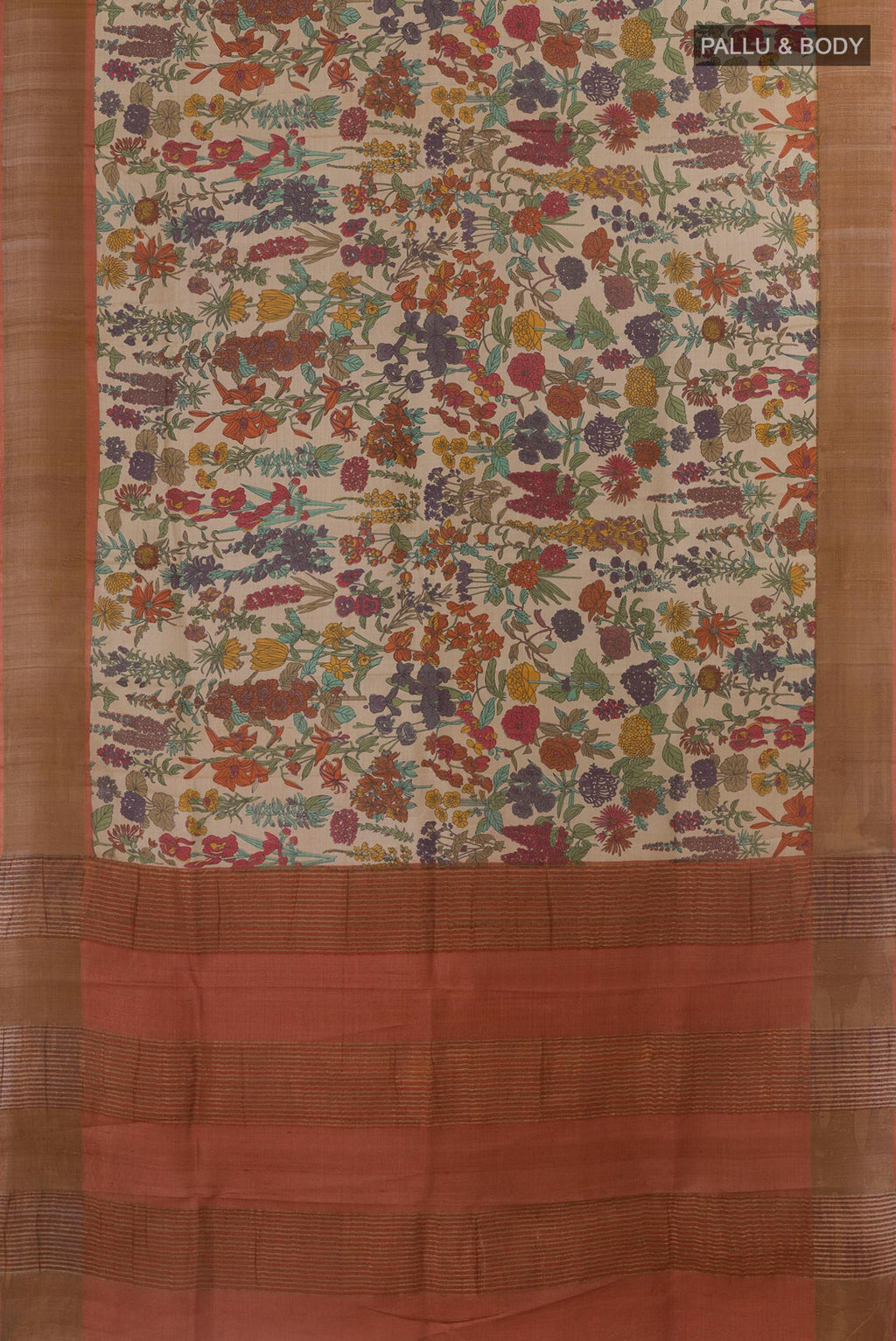 Flat view of Beige Tussar Silk Saree with Printed design on the body and Zari Border. 