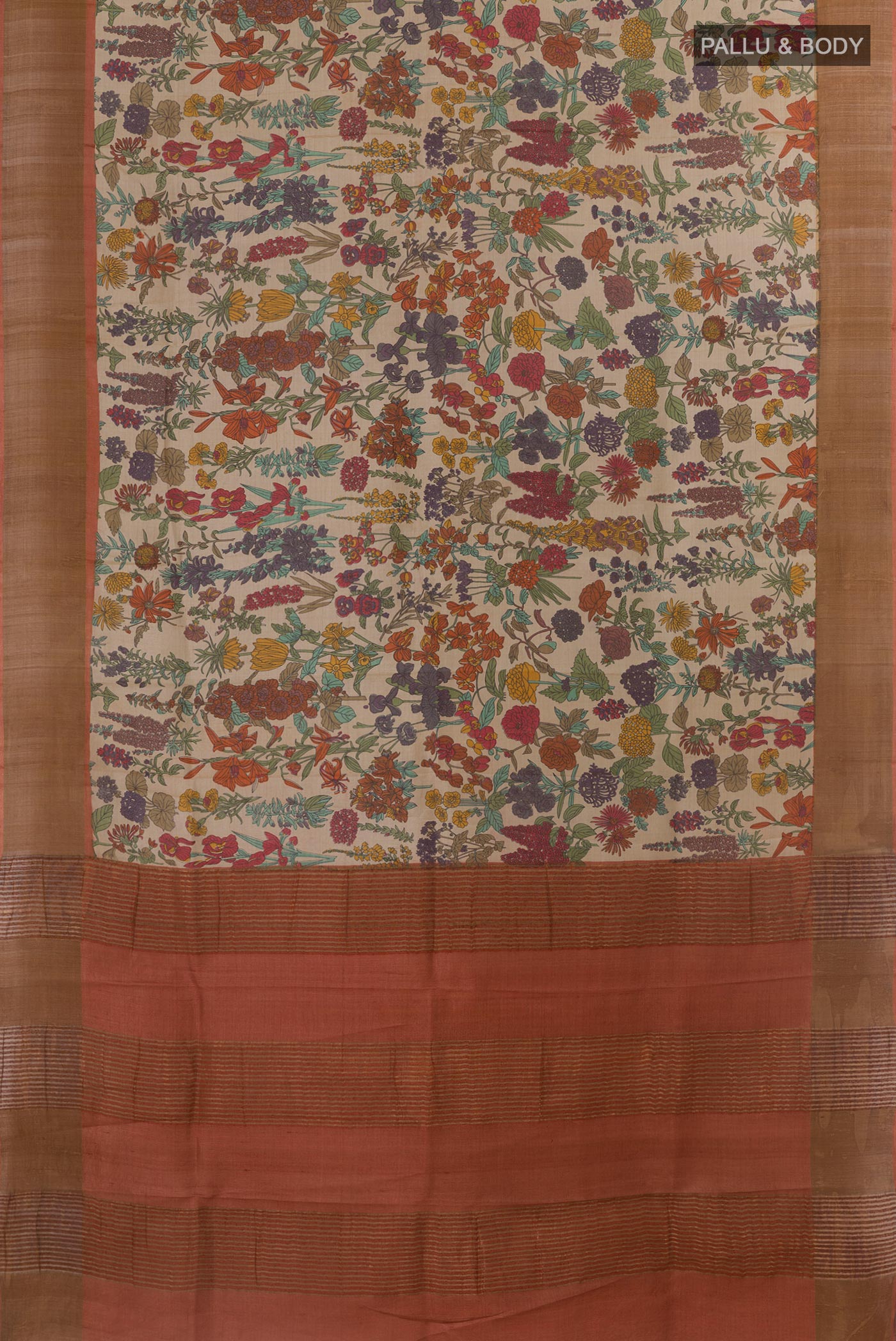 Flat view of Beige Tussar Silk Saree with Printed design on the body and Zari Border. 