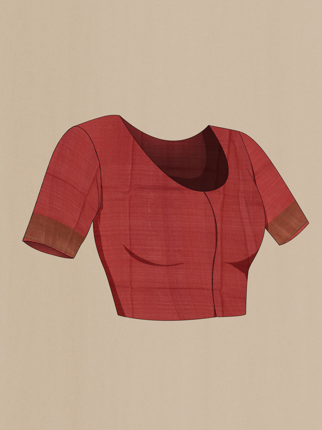 Close up image of the blouse of Red Tussar Silk Saree with Printed design on the body and Zari Border. 