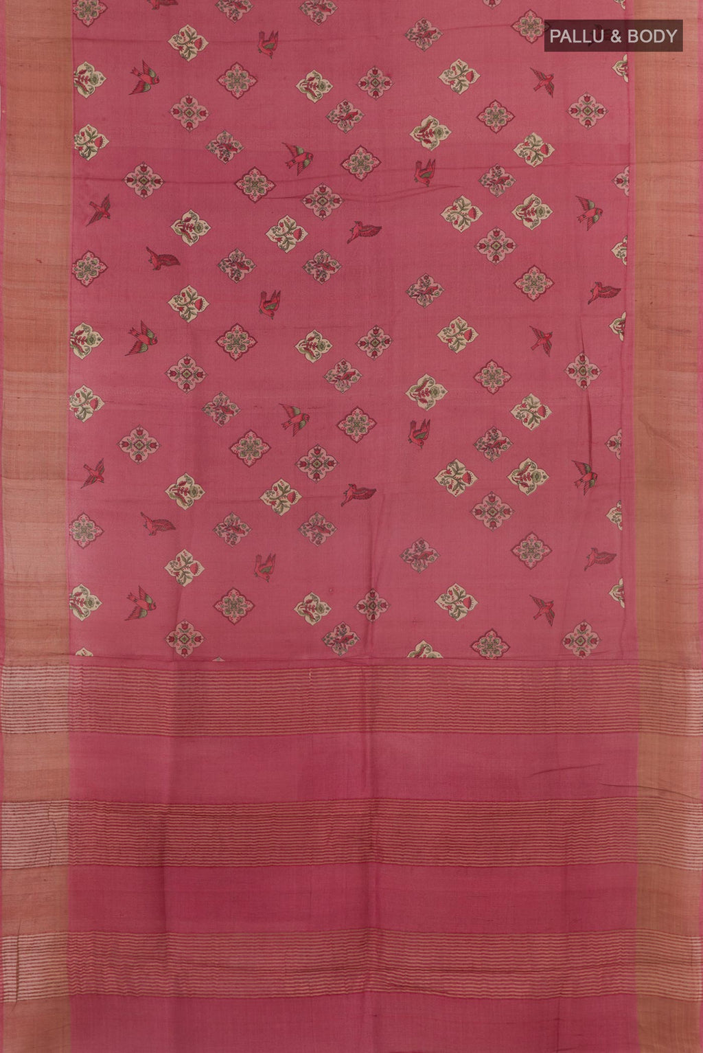 Flat view of Pink Tussar Silk Saree with Printed design on the body and Zari Border. 