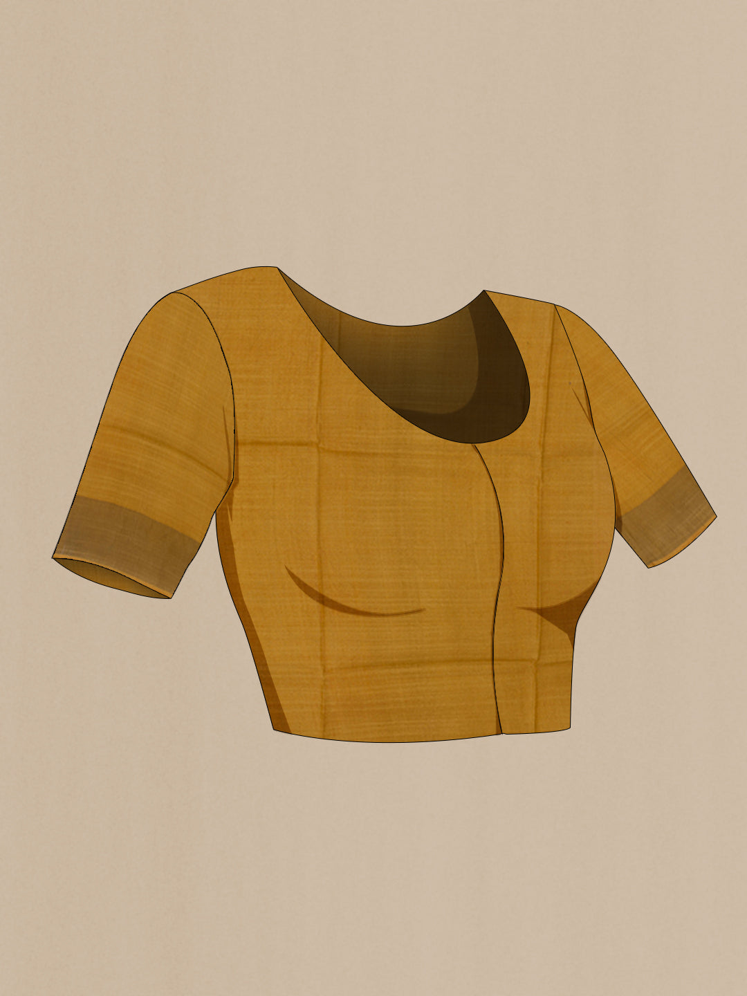 Close up image of the blouse of Yellow Tussar Silk Saree with Printed design on the body and Zari Border. 