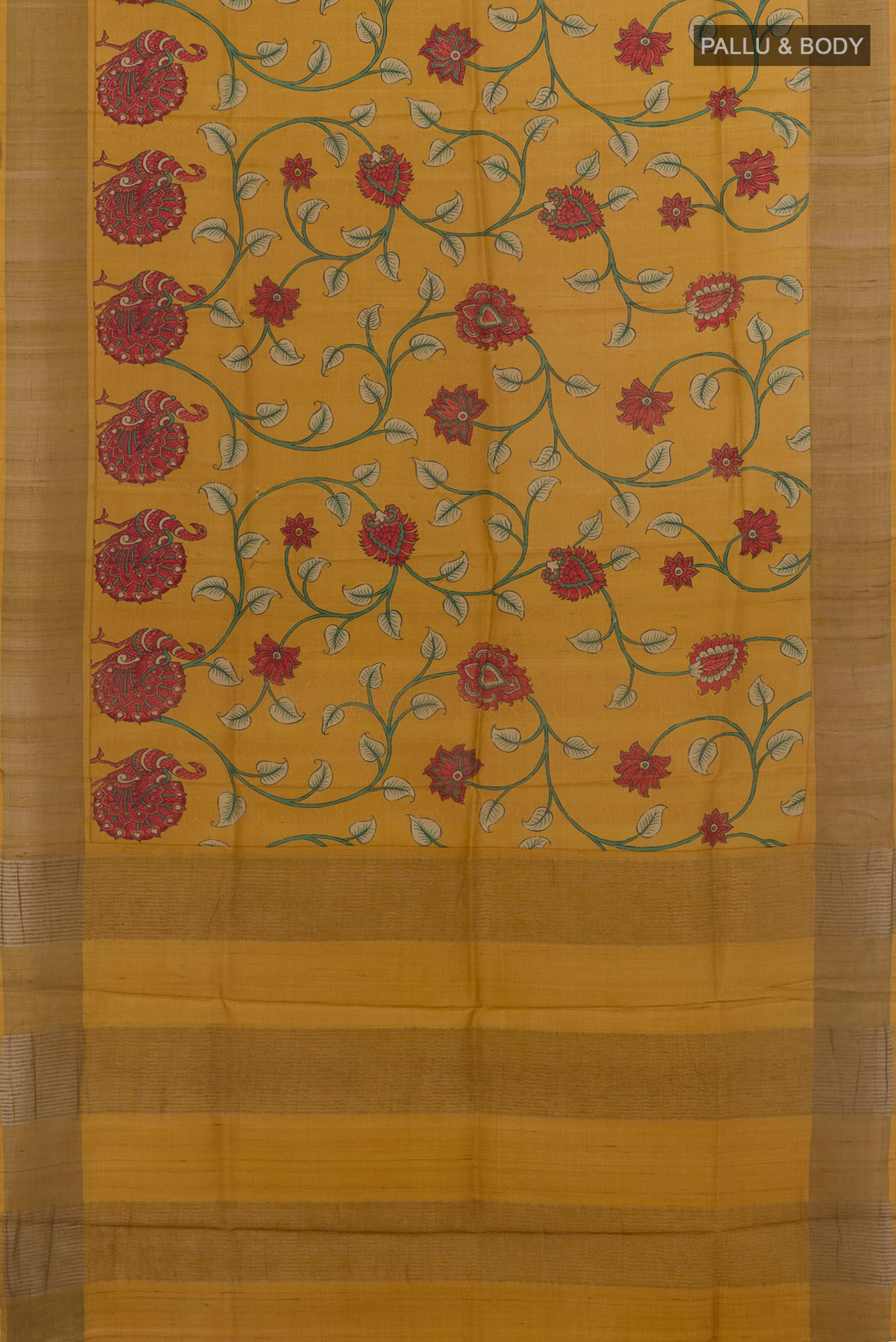 Flat view of Yellow Tussar Silk Saree with Printed design on the body and Zari Border. 