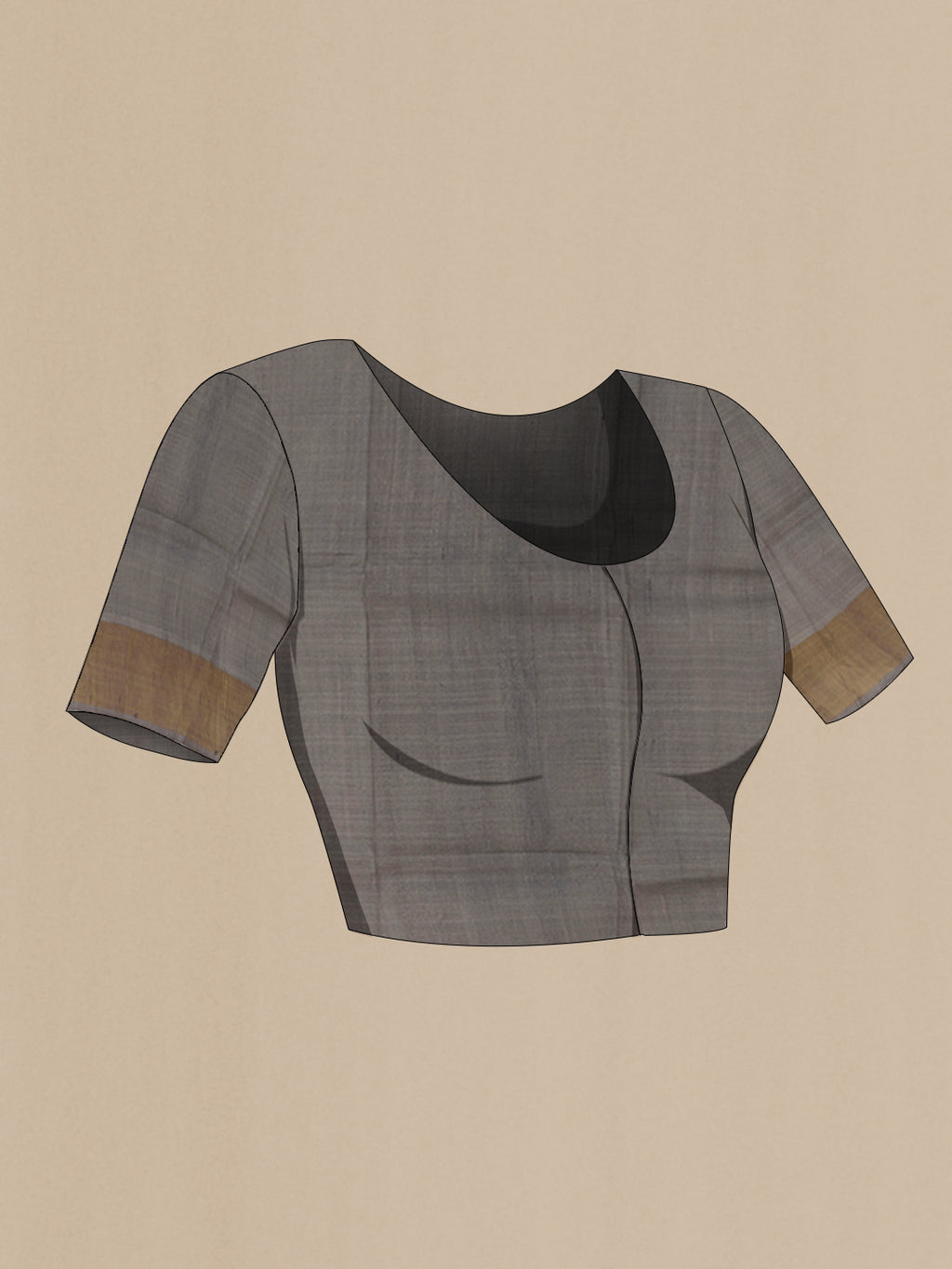 Close up image of the blouse of Grey Tussar Silk Saree with Printed design on the body and Zari Border. 