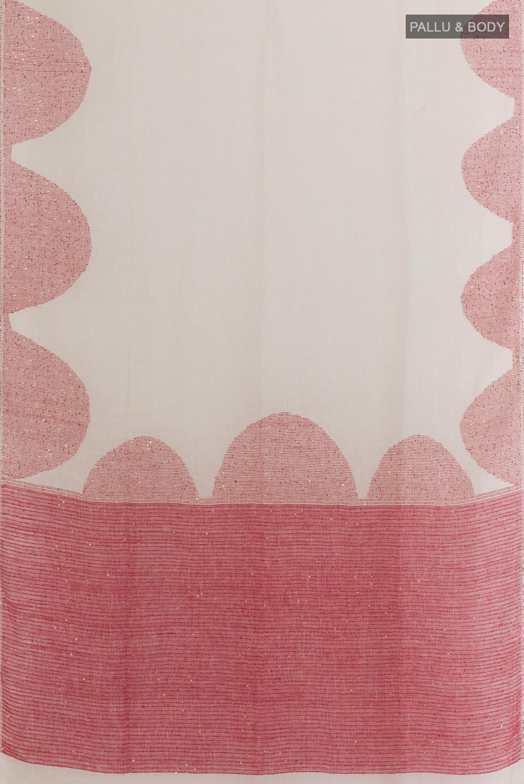 Flat view of White Linen Saree with Embroidery on the body and Embroidery Border. 
