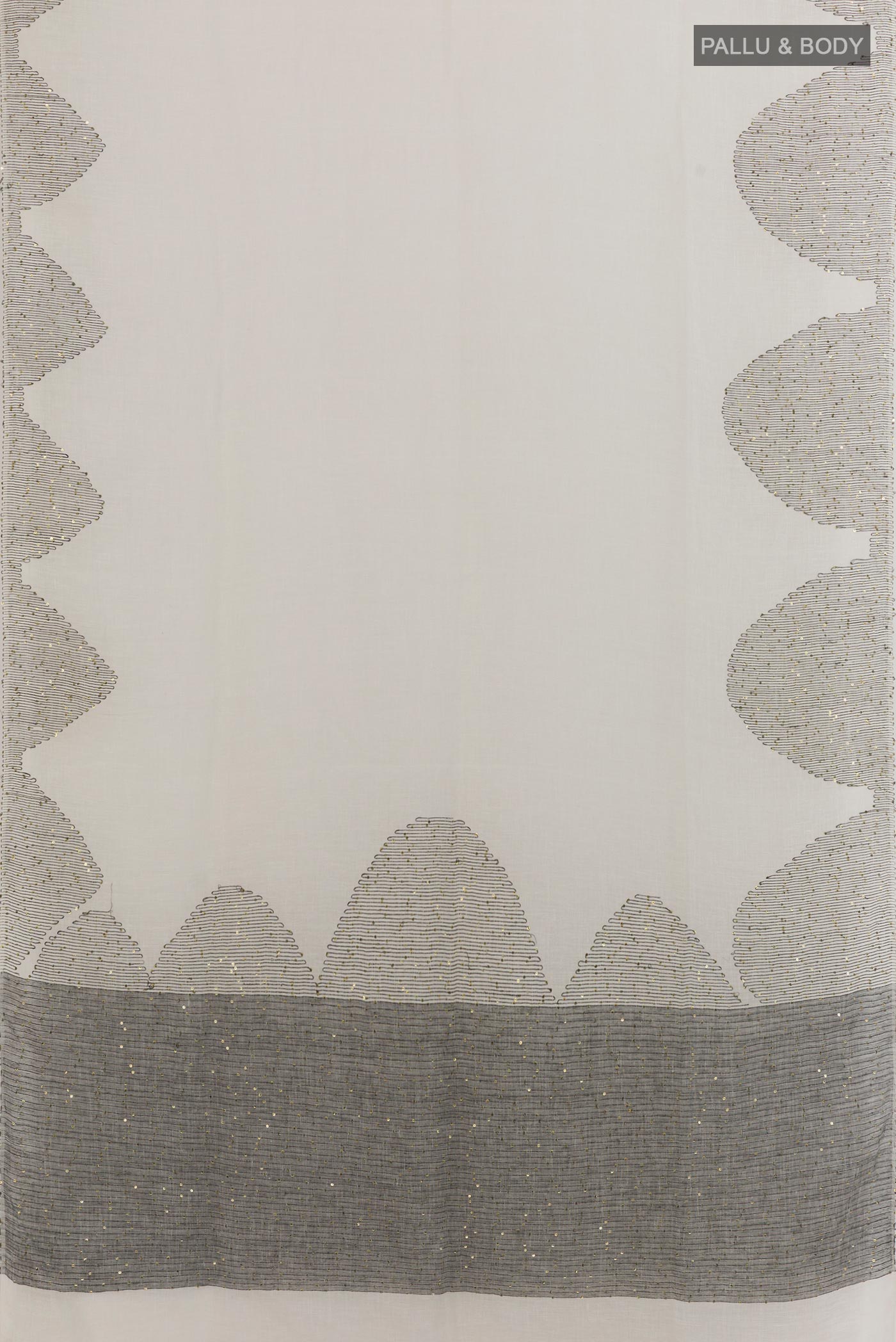 Flat view of White Linen Saree with Embroidery on the body and Embroidery Border. 