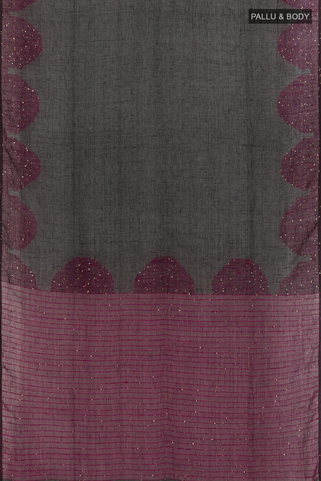 Flat view of Black Linen Saree with Embroidery on the body and Embroidery Border. 