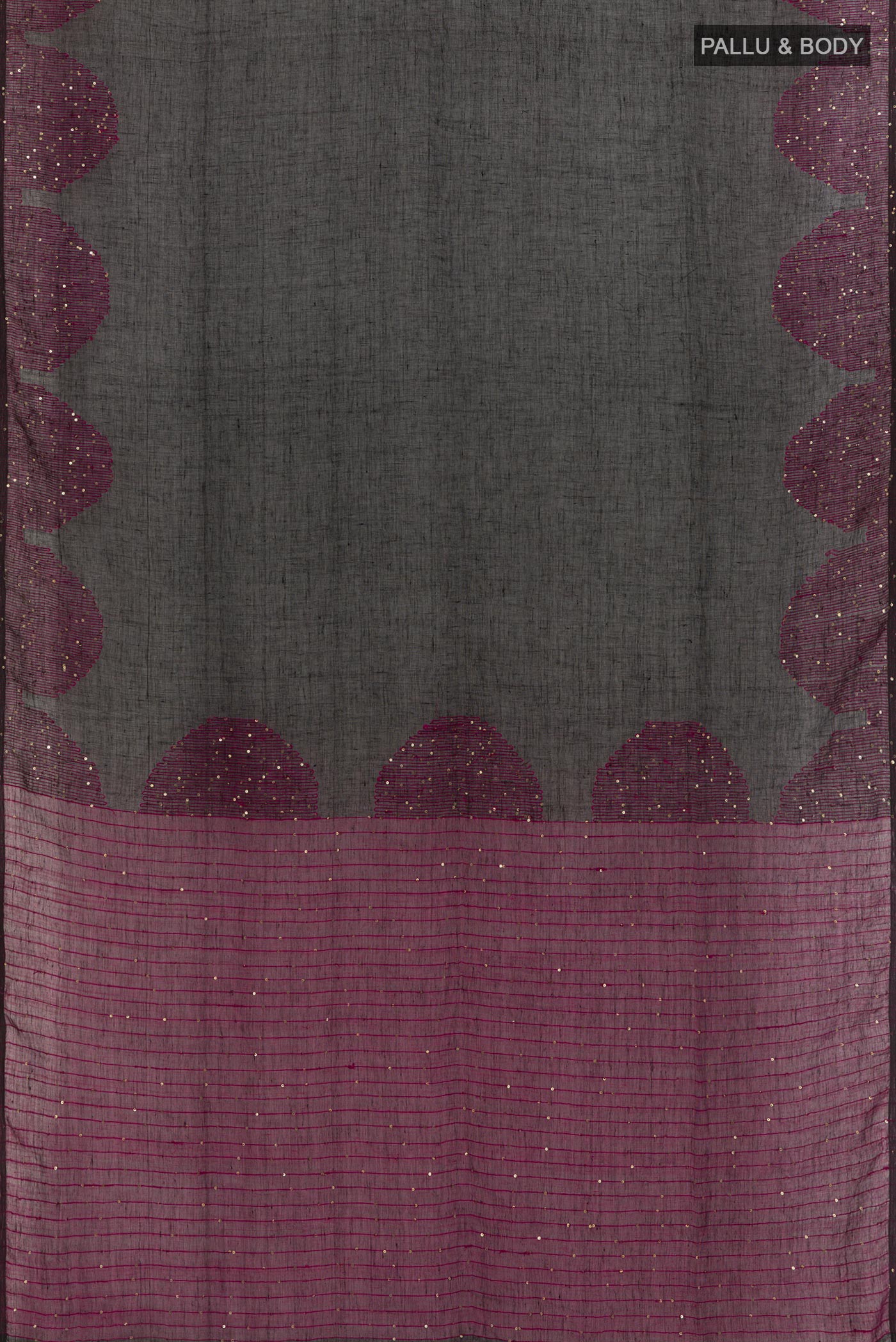 Flat view of Black Linen Saree with Embroidery on the body and Embroidery Border. 