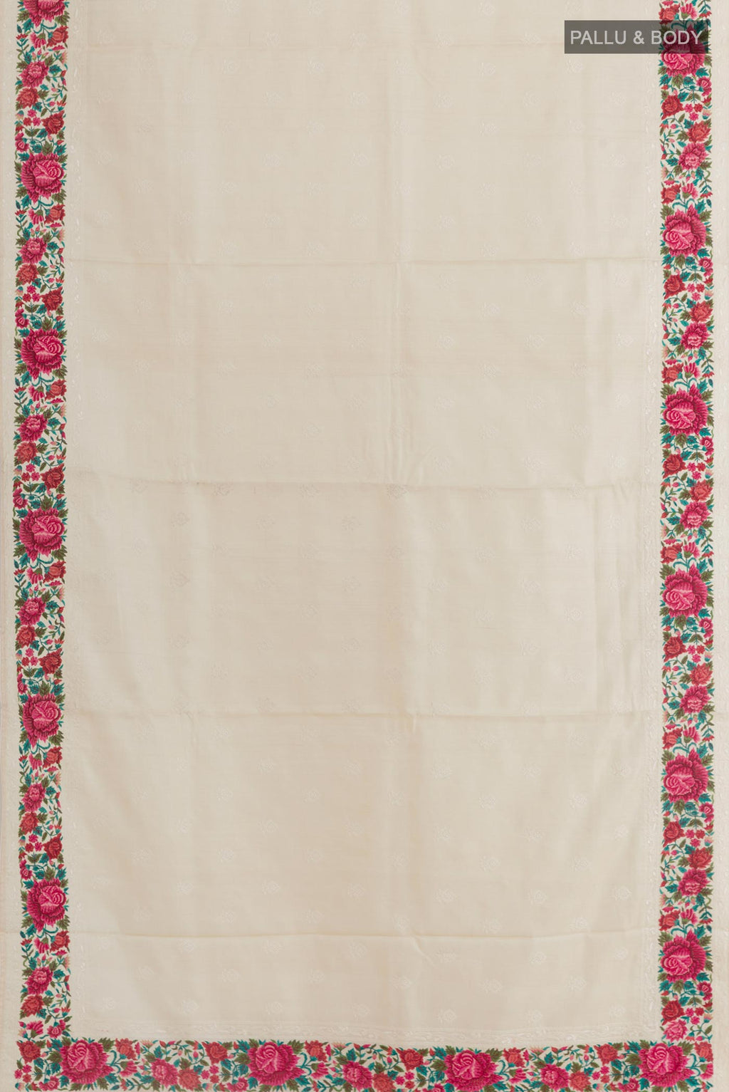 Flat view of Off White Tussar Silk Saree with Embroidery on the body and Embroidery Border. 