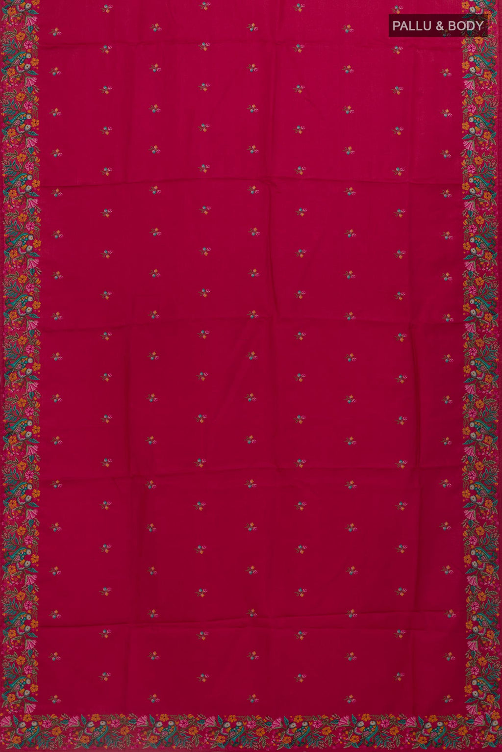 Flat view of Red Tussar Silk Saree with Embroidery on the body and Embroidery Border. 
