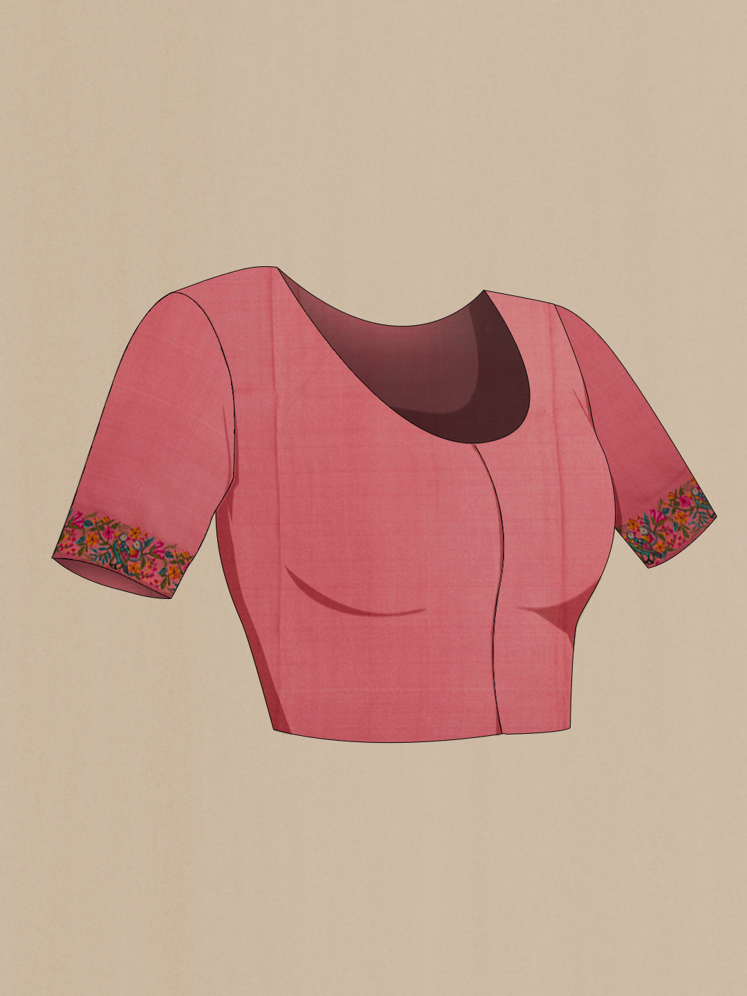 Close up image of the blouse of Pink Tussar Silk Saree with Embroidery on the body and Embroidery Border. 