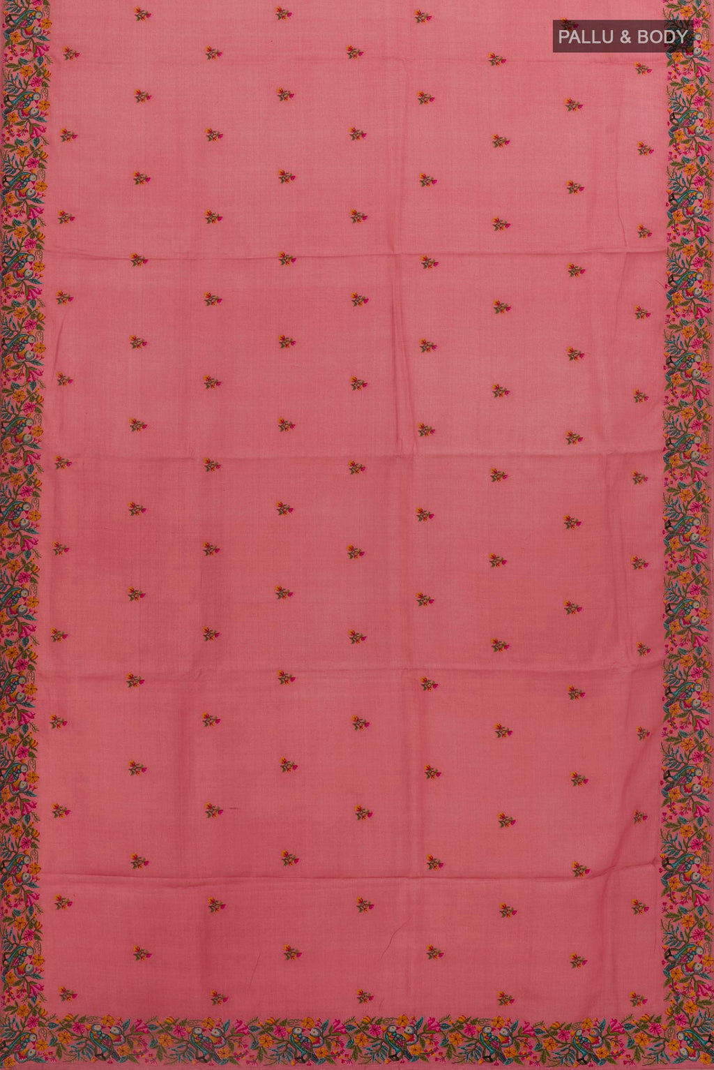 Flat view of Pink Tussar Silk Saree with Embroidery on the body and Embroidery Border. 