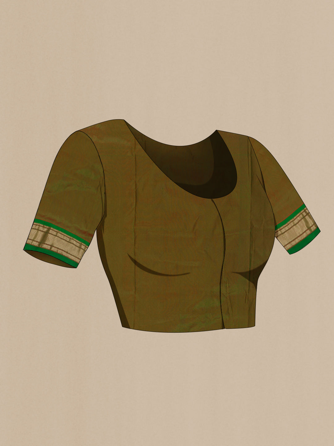 Close up image of the blouse of Mehandi Green Dual Tone Paithani Silk Saree with Zari Butta on the body and Zari Border. 