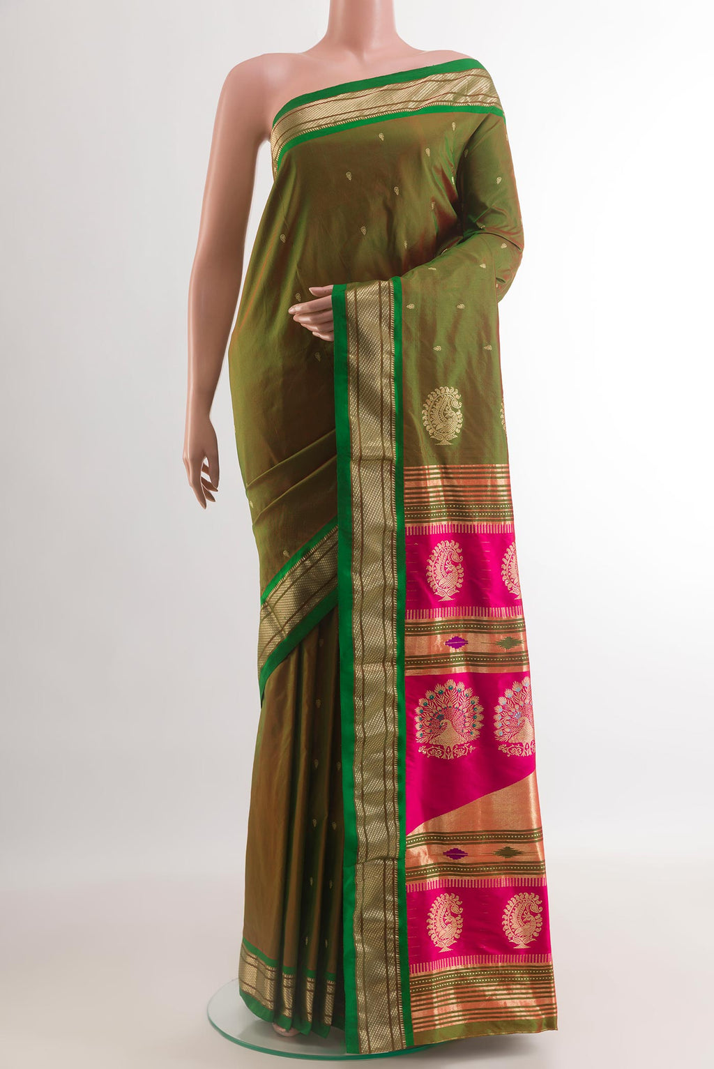 Mehandi Green Dual Tone Paithani Silk Saree with Zari Butta on the body and Zari Border.  displayed on a mannequin
