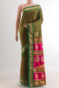 Mehandi Green Dual Tone Paithani Silk Saree with Zari Butta on the body and Zari Border.  displayed on a mannequin
