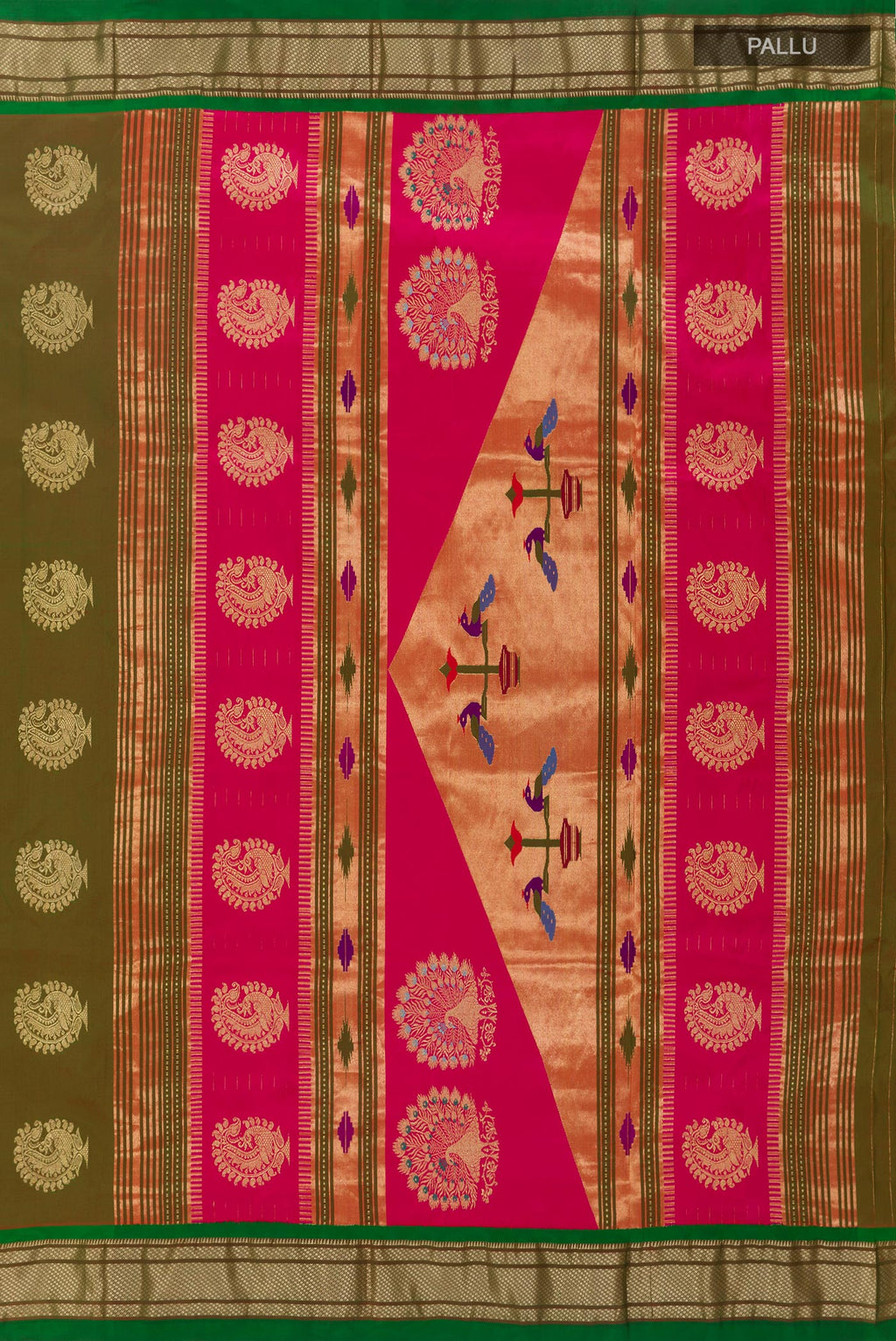 Close up image of the pallu of Mehandi Green Dual Tone Paithani Silk Saree with Zari Butta on the body and Zari Border. 