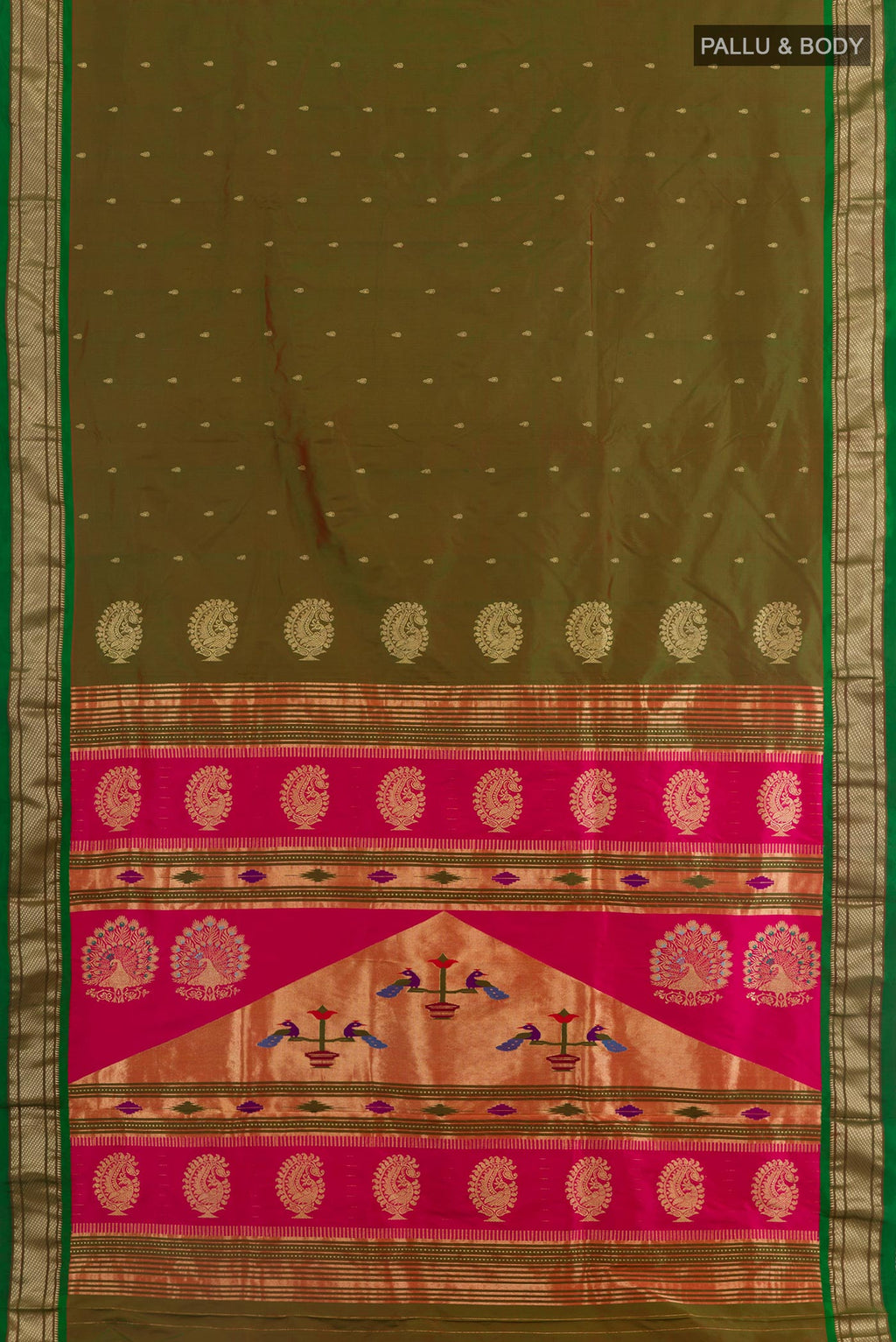 Flat view of Mehandi Green Dual Tone Paithani Silk Saree with Zari Butta on the body and Zari Border. 