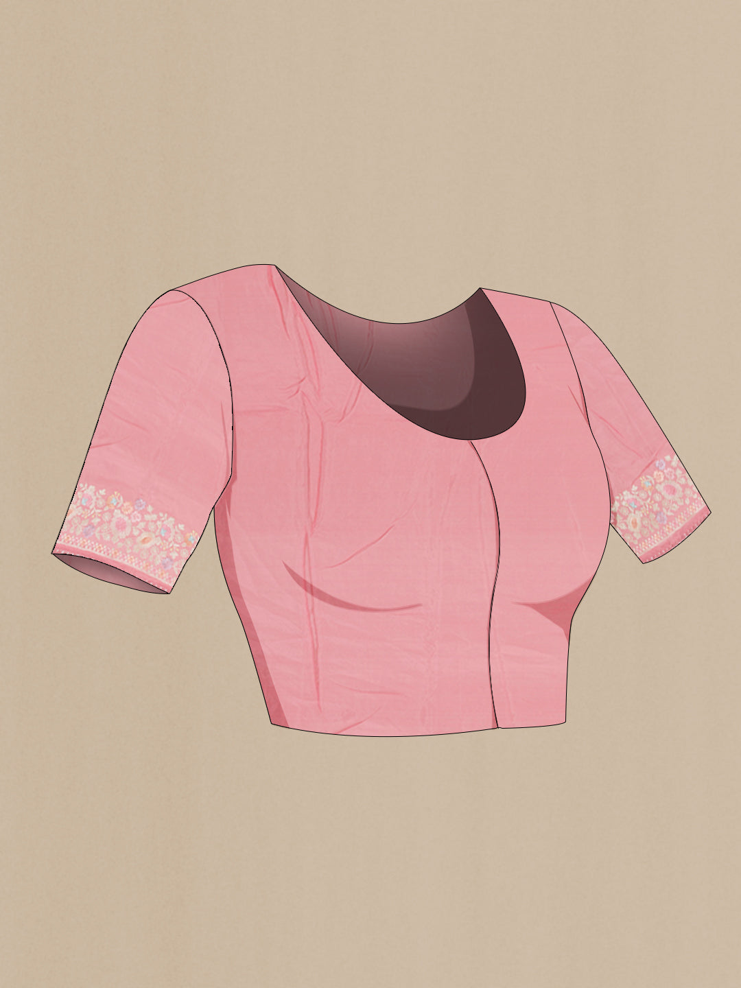 Close up image of the blouse of Pink Georgette Saree with Embroidery on the body and Embroidery Border. 