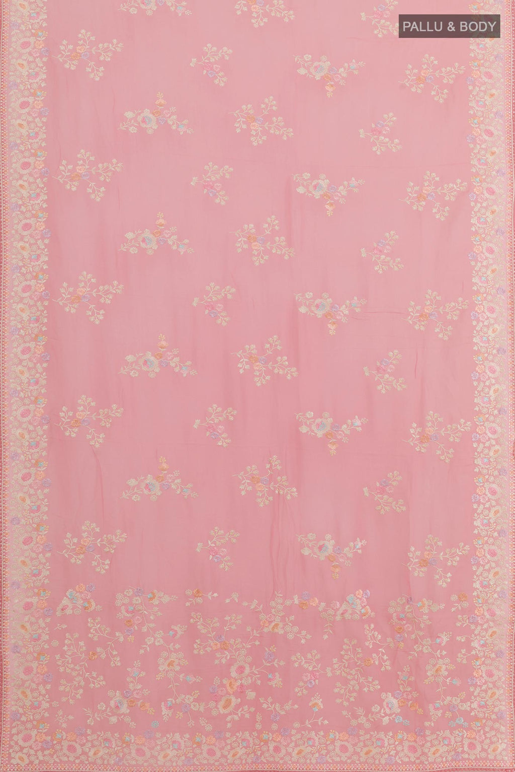 Flat view of Pink Georgette Saree with Embroidery on the body and Embroidery Border. 