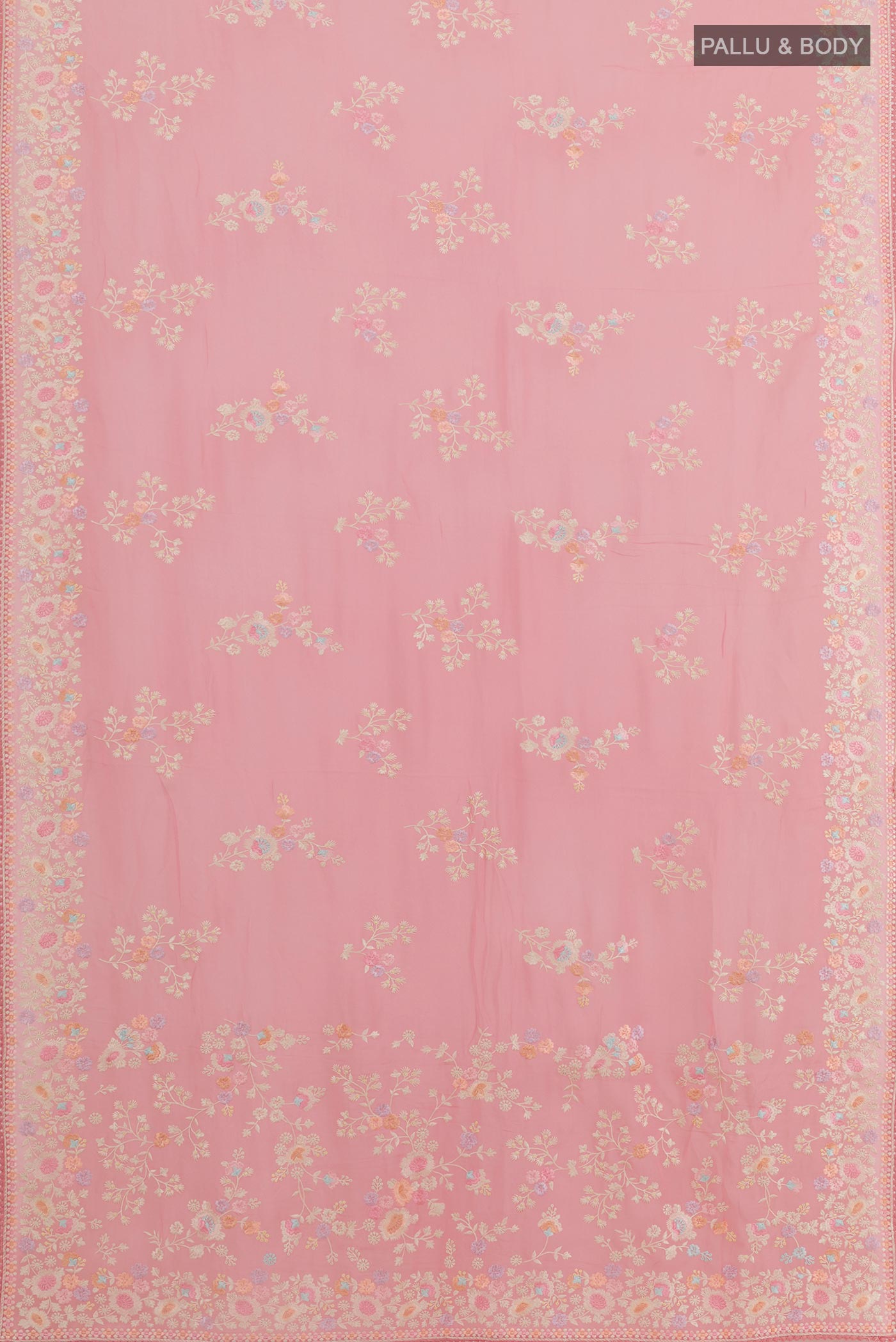 Flat view of Pink Georgette Saree with Embroidery on the body and Embroidery Border. 
