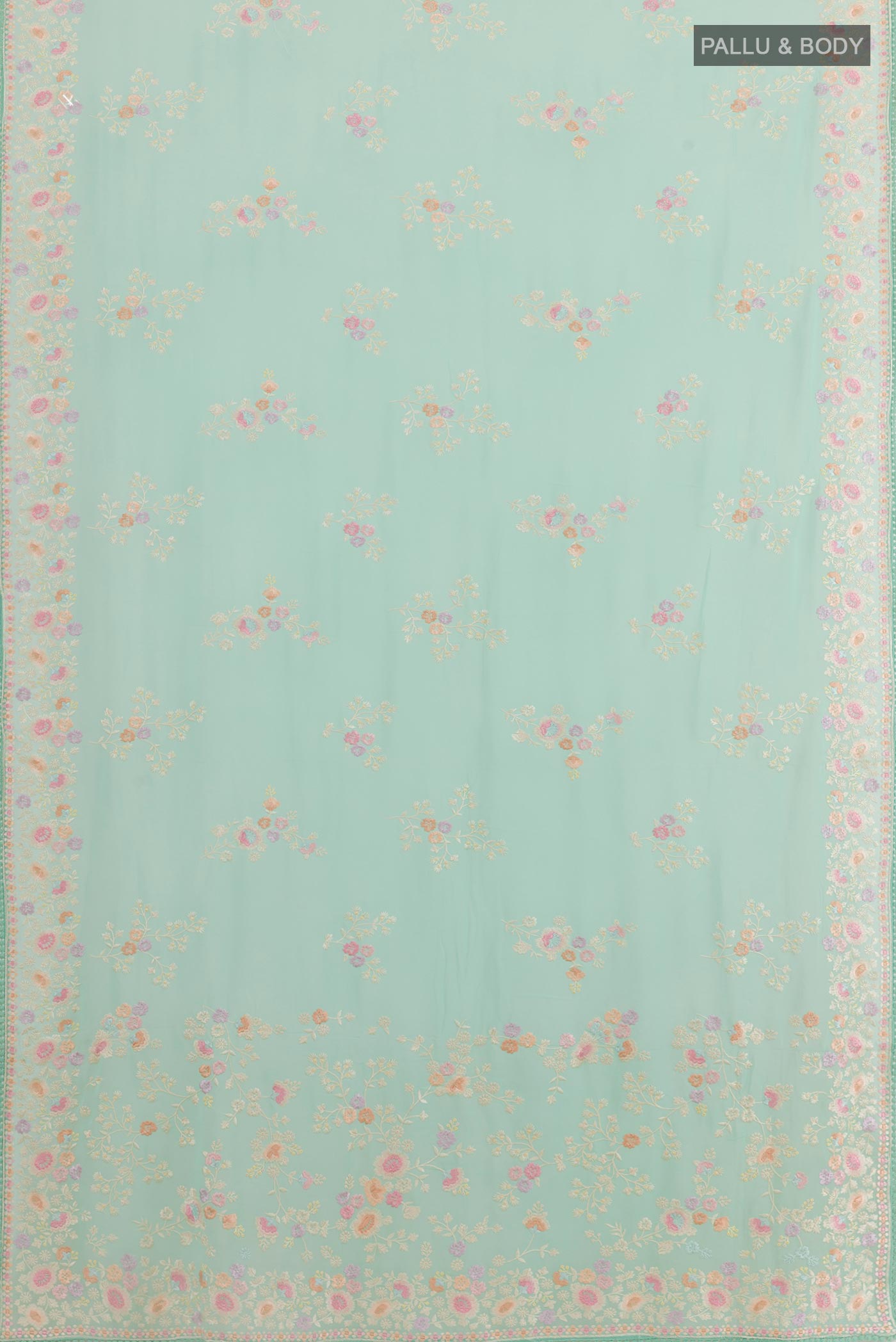 Flat view of Sea Green Georgette Saree with Embroidery on the body and Embroidery Border. 