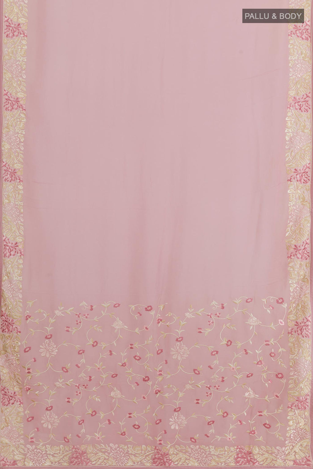 Flat view of Lavender Georgette Saree with Embroidery on the body and Embroidery Border. 