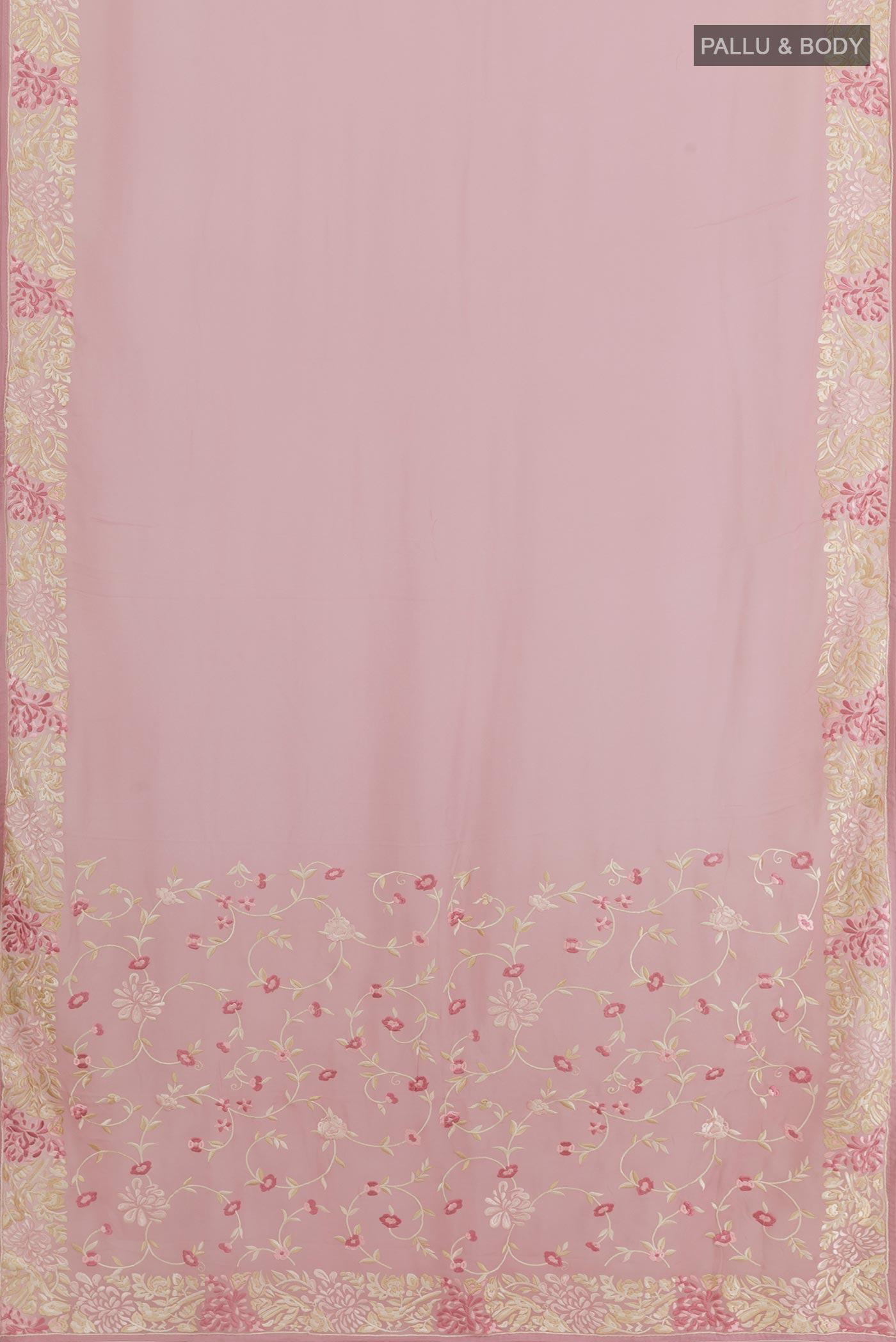Flat view of Lavender Georgette Saree with Embroidery on the body and Embroidery Border. 