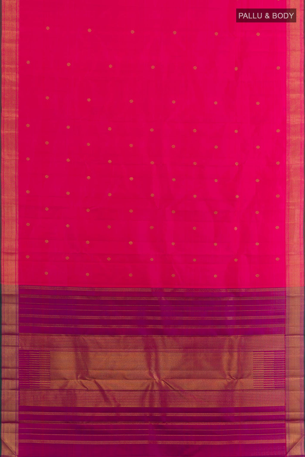 Flat view of Pink Kanchipuram Silk Saree with Zari Butta on the body and Zari Border. 