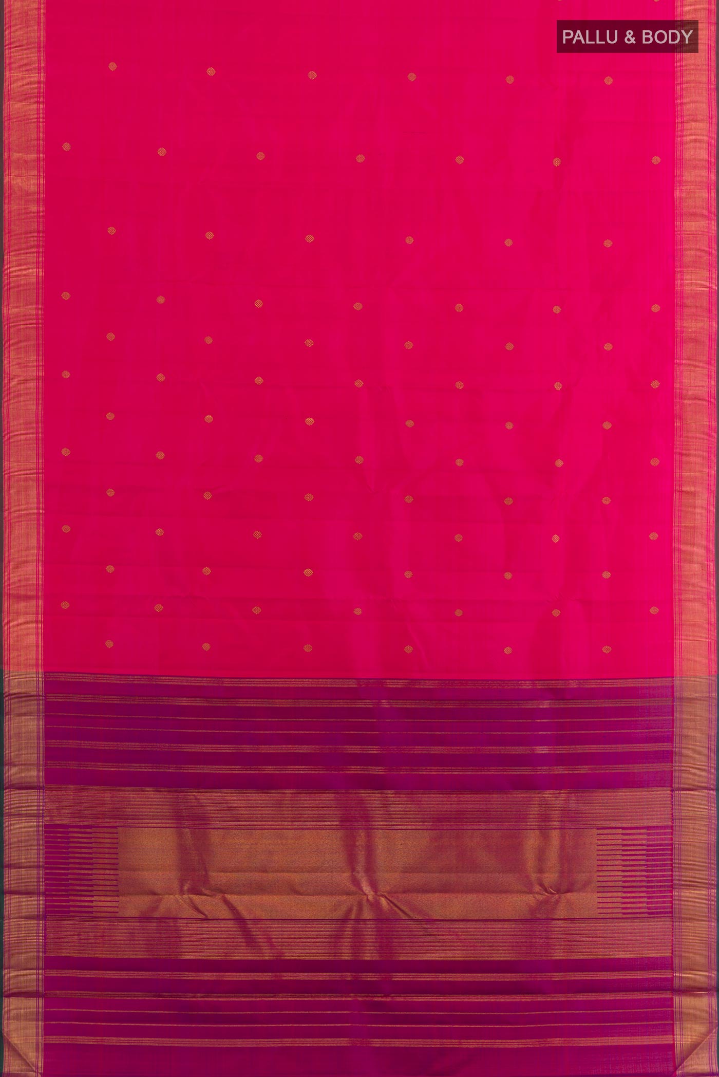 Flat view of Pink Kanchipuram Silk Saree with Zari Butta on the body and Zari Border. 