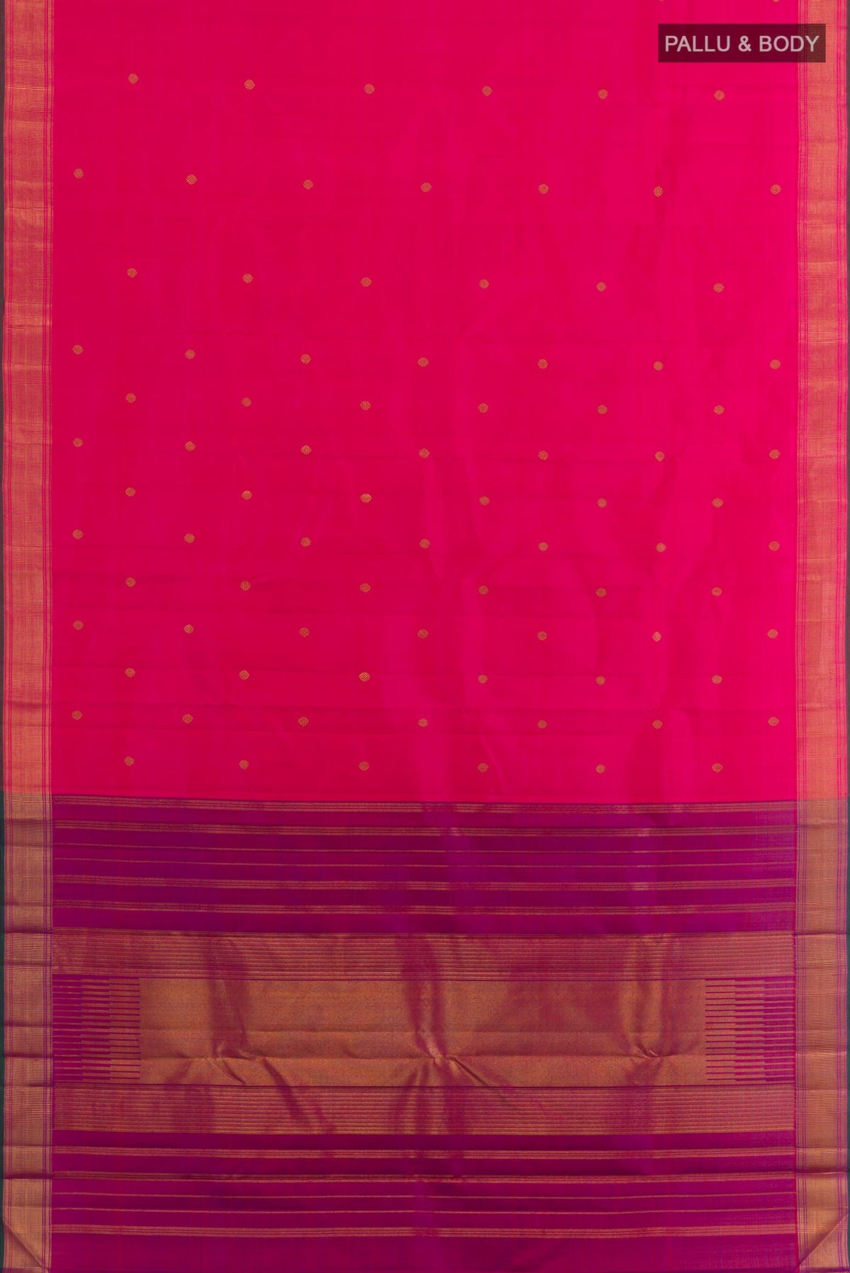 Flat view of Pink Kanchipuram Silk Saree with Zari Butta on the body and Zari Border. 