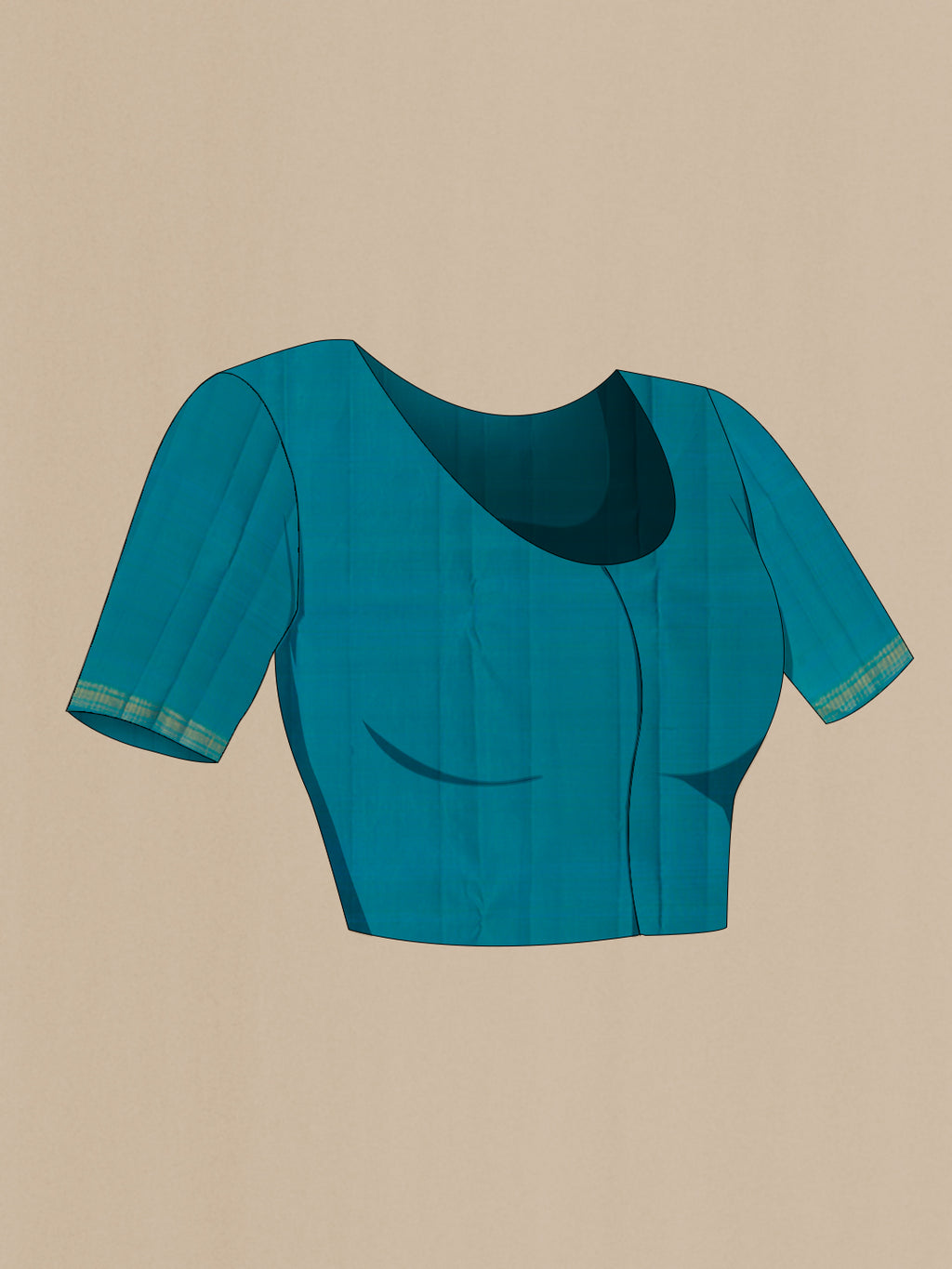Close up image of the blouse of Blue Kanchipuram Silk Saree with Checked design on the body and Zari Border. 
