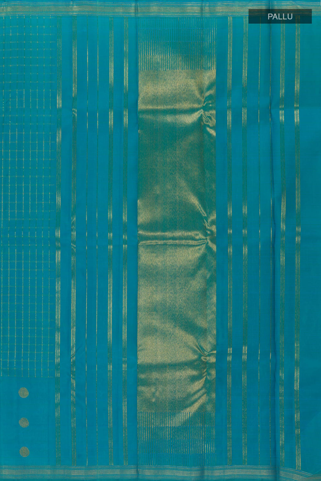 Close up image of the pallu of Blue Kanchipuram Silk Saree with Checked design on the body and Zari Border. 