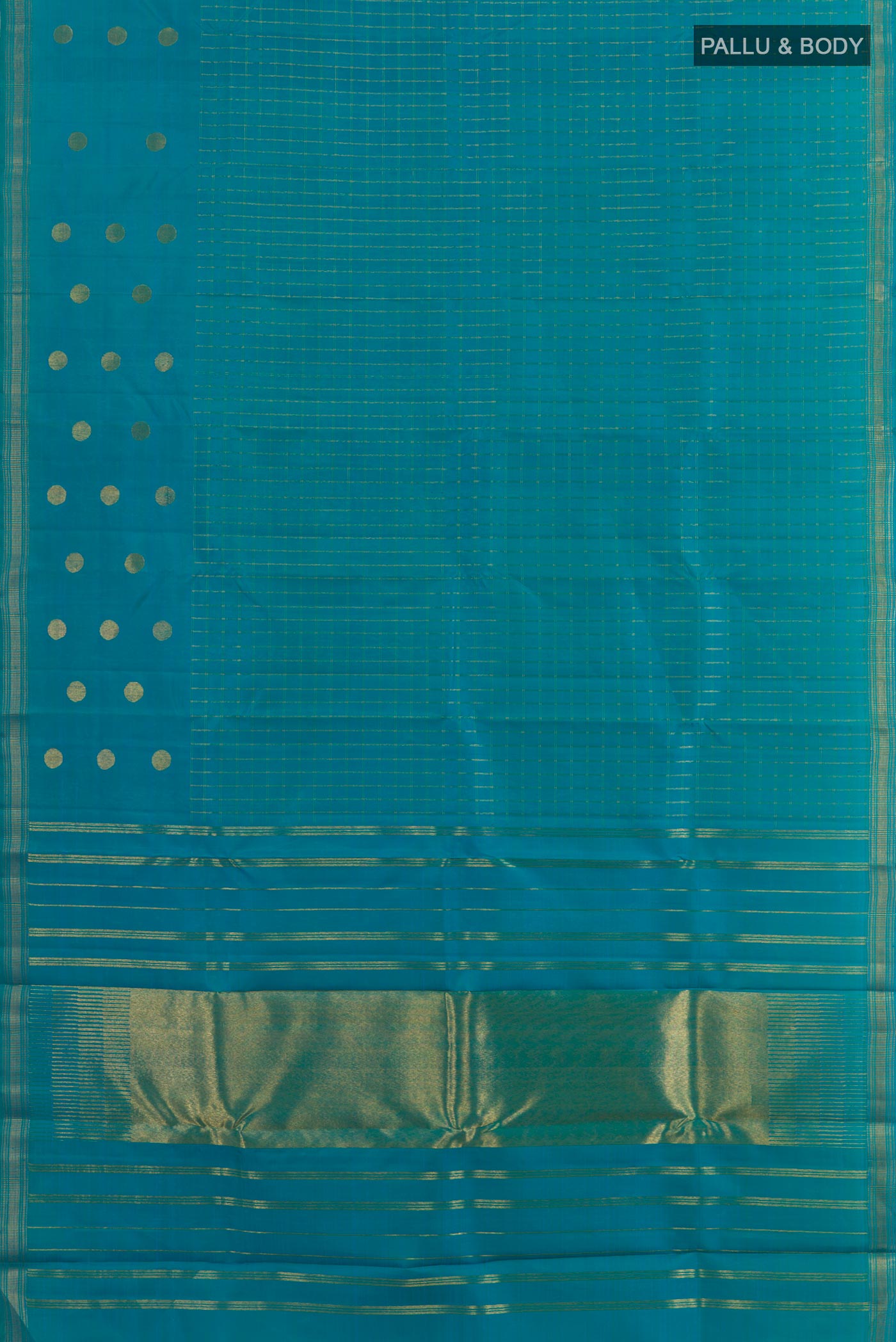 Flat view of Blue Kanchipuram Silk Saree with Checked design on the body and Zari Border. 