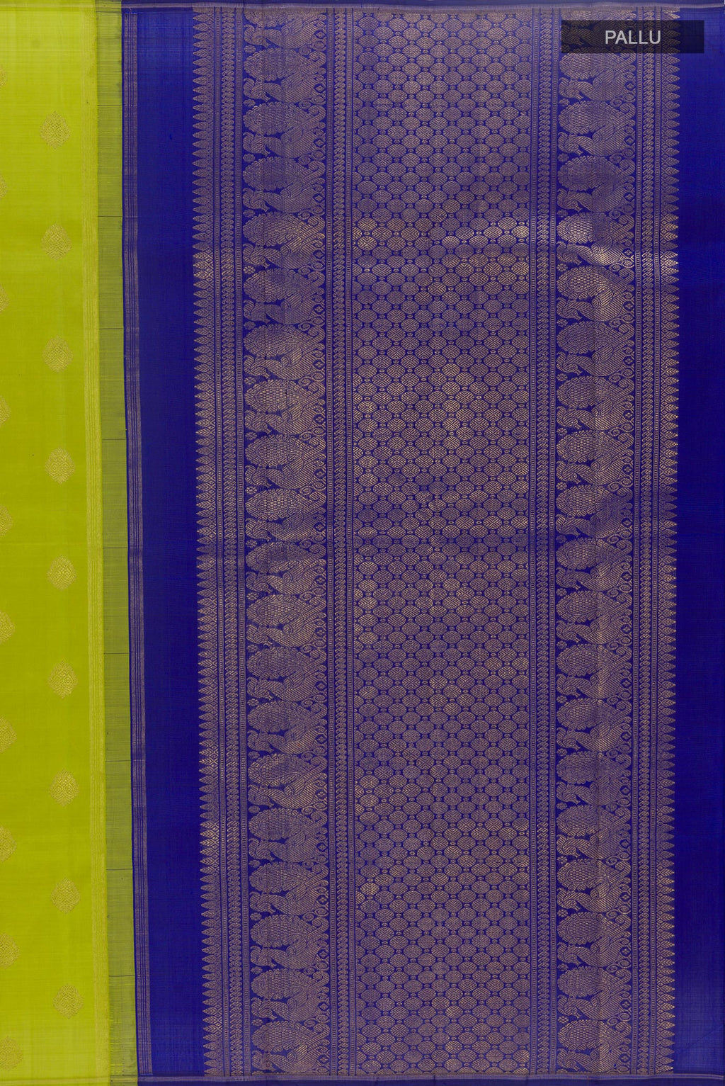 Close up image of the pallu of Green Kanchipuram Silk Saree with Zari Butta on the body and Without Border. 